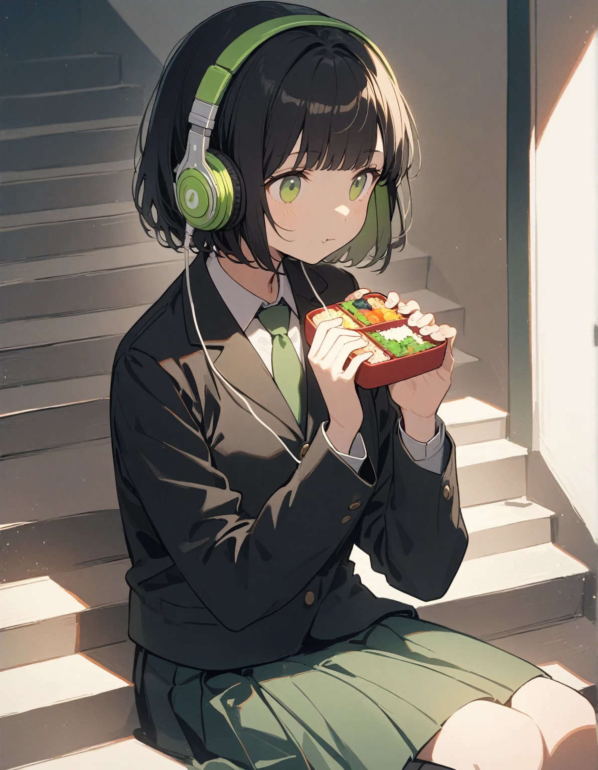 1 girl, green eyes, black hair, short hair with bangs, dressed in a green tie, black jacket, green school skirt, sitting on the stairs at school, dusty, dark, eating bento, listening to music with green headphones, beautiful hands, calm appearance, emotionless appearance, gentle tones