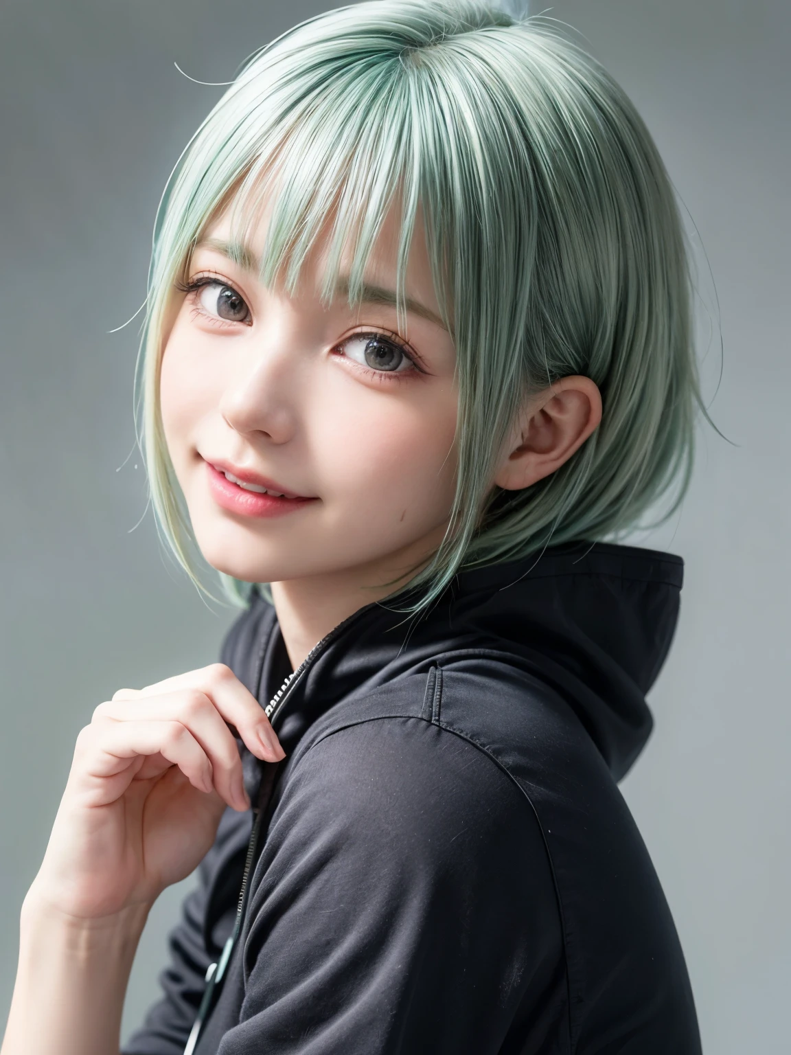 1 girl, alone, alone focus, cowboy shot, portrait, oversized hoodie, aqua green and white hoodie, half aqua, half green, ((black hair)), (yellow hair), (gradient hair :1.5), curly hair, ((pink eyes)), highly detailed eyes, tan, (dark caramel skin:1.1), highest quality, Super detailed, white background, simple background、happy smile、beautiful decollete、long neck、stick out ears