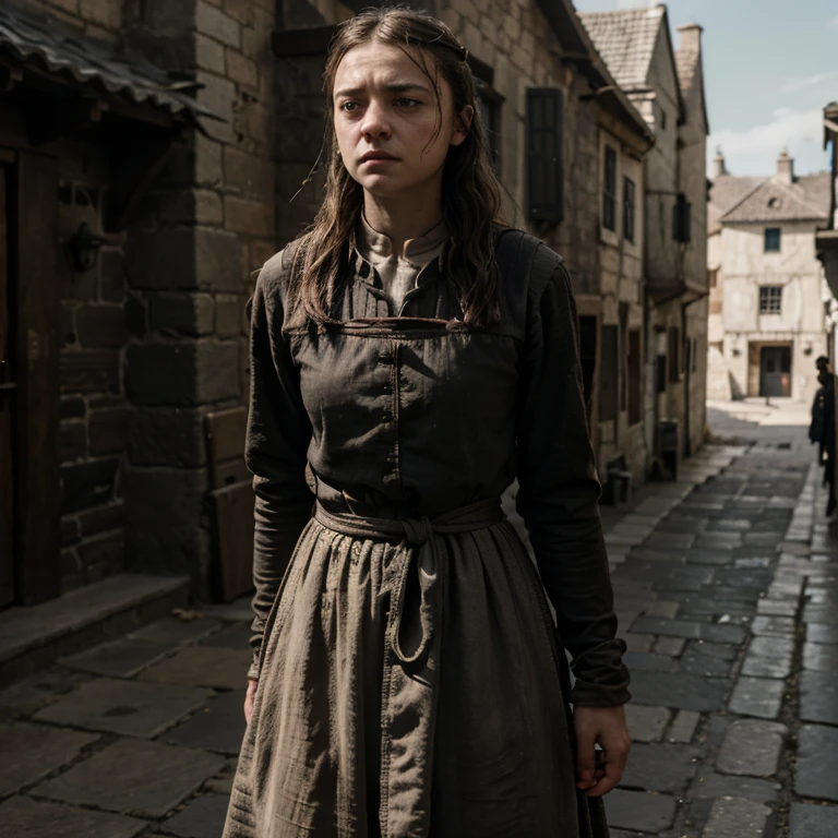 Arya Stark in dirty peasant clothes, bondaged with black rope and handcuff in the streets of Kingslanding, 8k, uhd, pale skin with scars, detailed face, body