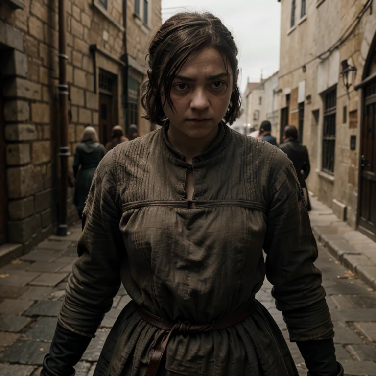 Arya Stark in dirty peasant clothes, bondaged with black rope and handcuff in the streets of Kingslanding,  8k, uhd, pale skin with scars, detailed face, body