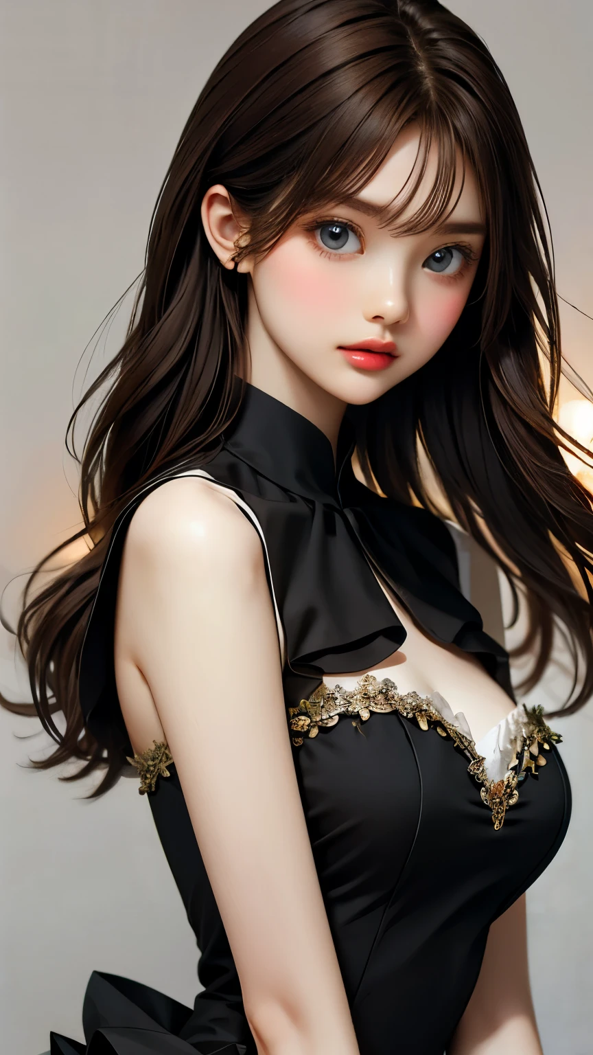 (((Masterpiece))),((top quality)),one beautiful girl,bangs、(long hair:1.5)、(((big breasts)))、23 years old、(Gorgeous white, grey and black ruffled dress:1.5)、race、 beautiful digital art work, beautiful fantasy art,(The background is plain:1.5)、