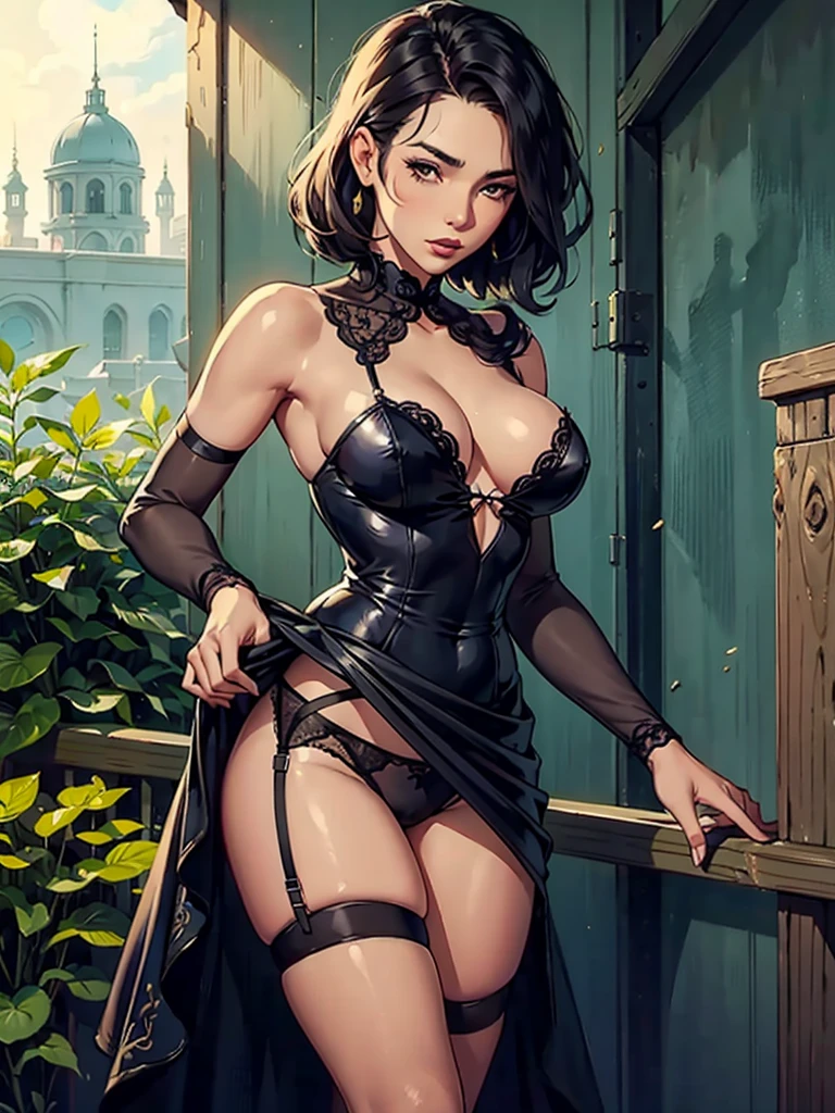 woman, fence florish dress, garter belts
