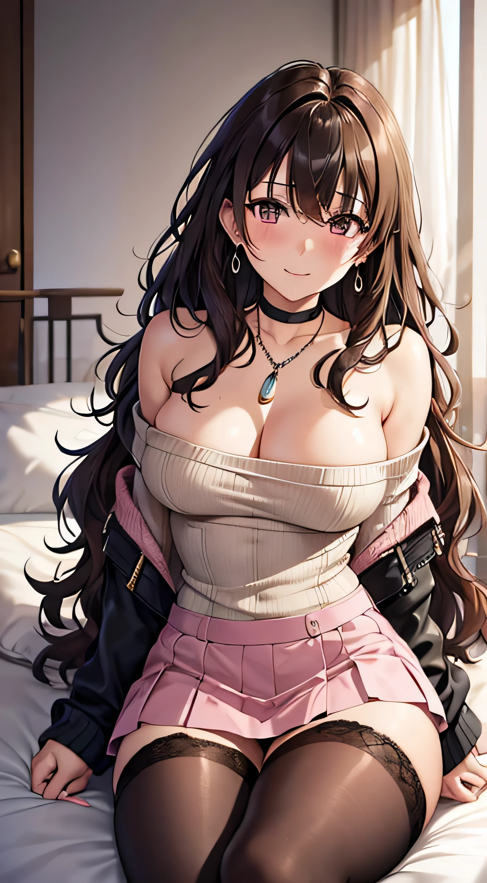 (table top, highest quality, High resolution, , perfect pixel, 4k,), 1 girl, single, alone, Beautiful woman、I could see the whole body、 ((wavy middle hair, bangs, brown hair)), ((brown eyes, beautiful eyelashes, realistic eyes)), ((detailed face, blush:1.2)), ((smooth texture:0.75, realistic texture:0.65, realistic:1.1, Anime CG style)), medium breasts, dynamic angle, perfect body, ((, beige off shoulder sweater、Tight denim skirt、black stockings、cute necklace、earrings、)), upper grade、shy smile、Luxury hotel room、sleep on your back in bed、((open legs))、angle from below、Put your arms together to accentuate your cleavage、、((Pink lace panties are visible))、