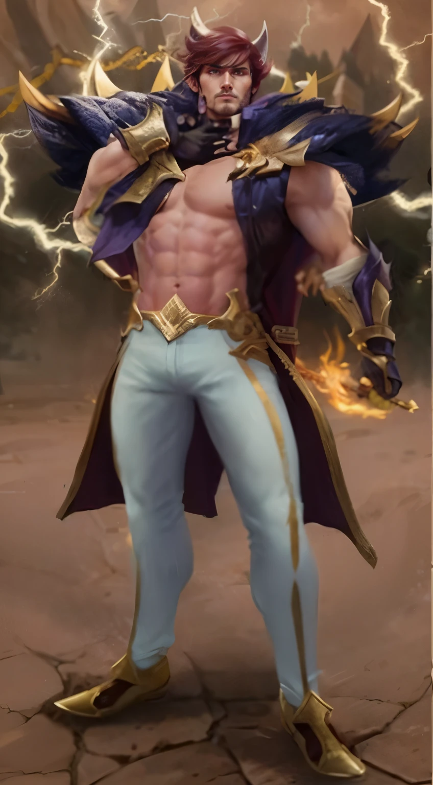 a man with a sword and a cape in front of lightning, alquimista de fantasia masculino magro, djinn male man demon, male djinn man demon hybrid, trends on Artstation, Silas, heroic male pose, mago masculino magro, conceito detalhado de corpo inteiro, human male demon, de Liga das Lendas, artegerm. Alto detalhe