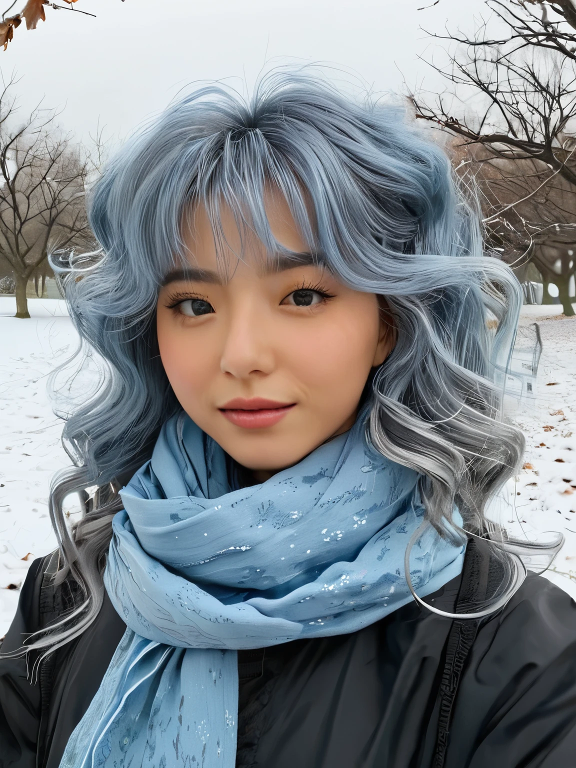 (high resolution, ultra-detailed, photorealistic), 1girl, sjang, wavy gray blue hair with bangs, cotton scarf, black anorak, winter, snow, trees, realistic face, accurate, beautiful