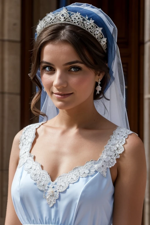 jeune femme de 25 ans, brune aux yeux bleus, mariage, robe de mariée blanche en dentelle