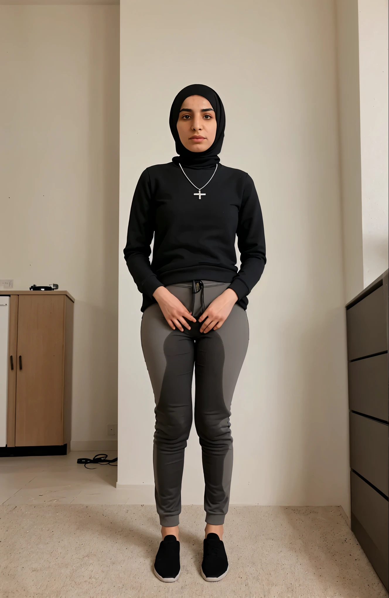 Kurdish girl in black straight hijab standing in room full body sweatshirt Gray pant necklace sport shoe 