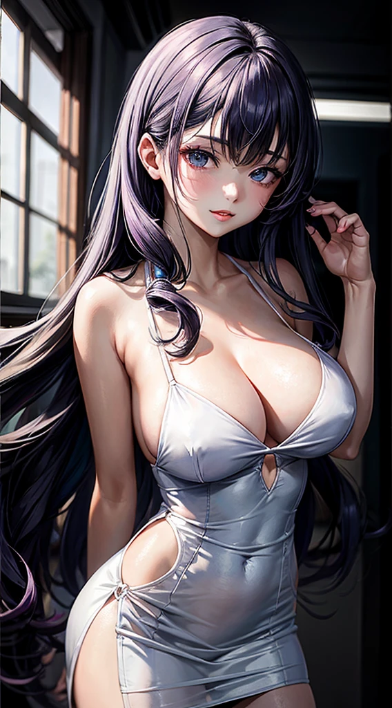 (masterpiece), best quality, nsfw, 1girl, saori_kido, cute, huge bust, 18 years old, big expressive eyes, blue eyes, perfect face, most seductive girl imaginable, cute, purple hair, shoulder hip length, wavy hair, voluminous hair, no makeup, happy face, pink lights, slip dress dress degage white neckline, short and bold dress