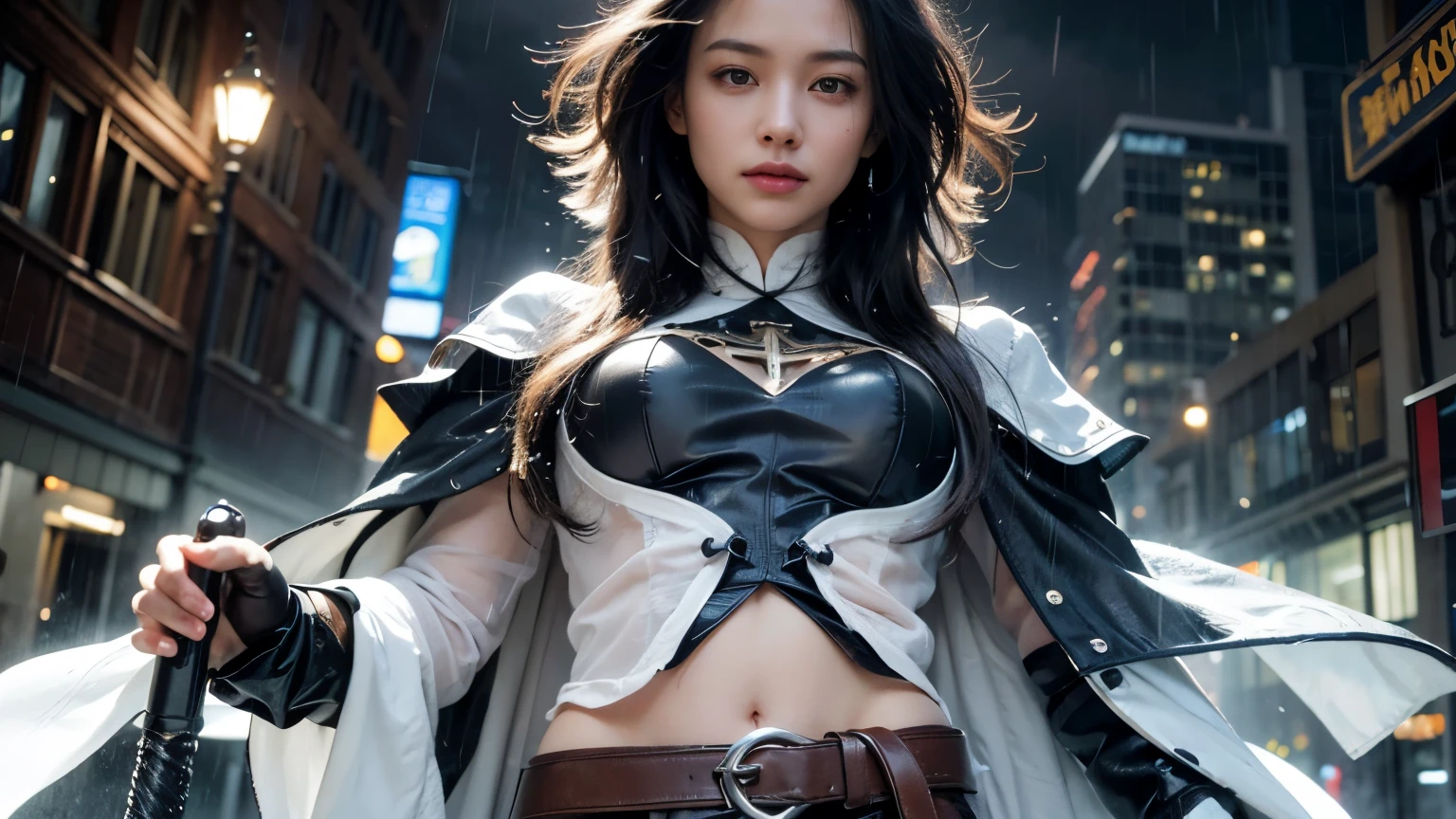(best quality,4k,8k,highres,masterpiece:1.2),ultra-detailed,(realistic,photorealistic,photo-realistic:1.37),A girl standing in the pouring rain,wearing a black cloak and holding a silver sword in her hand,beautiful detailed eyes,beautiful detailed lips,longeyelashes,wet hair,gentle expression, big , blurry background,rays of light shining through the raindrops,moody atmosphere,dark and stormy setting,dark clouds in the sky,shadows on the ground,reflective puddles on the wet pavement,portraits,studio lighting,vivid colors,stormy color tones,melancholic mood,emphasis on water droplets and rain effects.