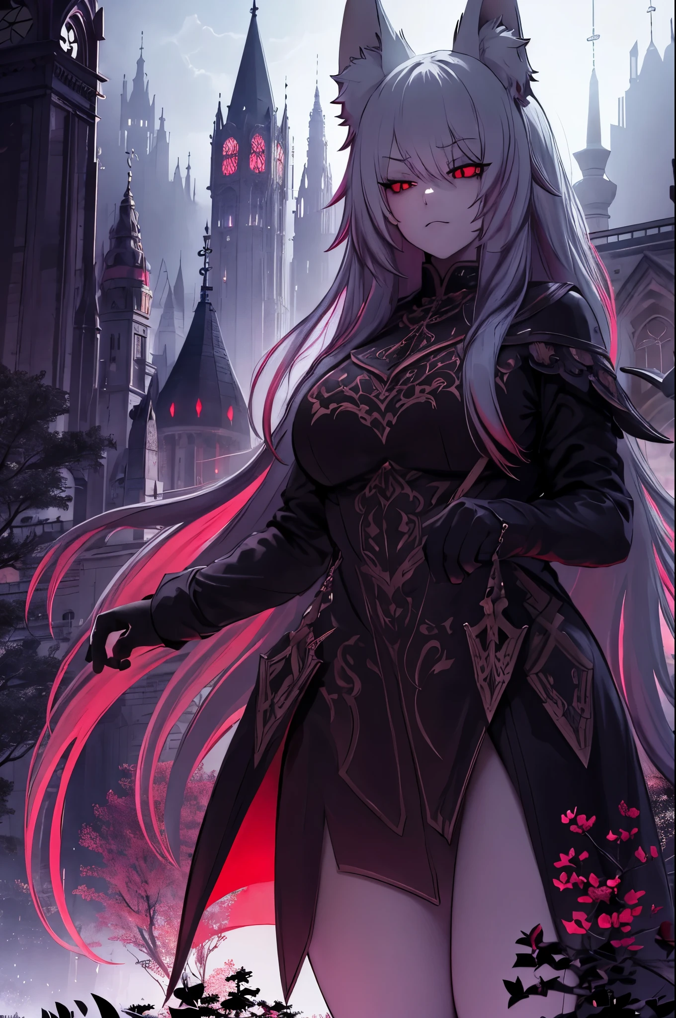 (best quality,4k,highres),red eyes,fox ears and tail,cold face,knife on the hand,ultra-detailed fantasy city background,dark fantasy style,sharp focus,vivid colors,moody lighting,gothic architecture,ethereal atmosphere,gloomy ambiance,mysterious shadows,illuminated skyscrapers,imposing towers,dystopian backdrop,majestic buildings,hauntingly beautiful,enchanted cityscape,raining softly,veiled in mist,otherworldly charm,mesmerizing view,whispering winds,evoking a sense of wonder,mythical creatures lurking,secrets hidden in the shadows,intricate details of every structure,spellbinding and captivating,an aura of magic and mystery