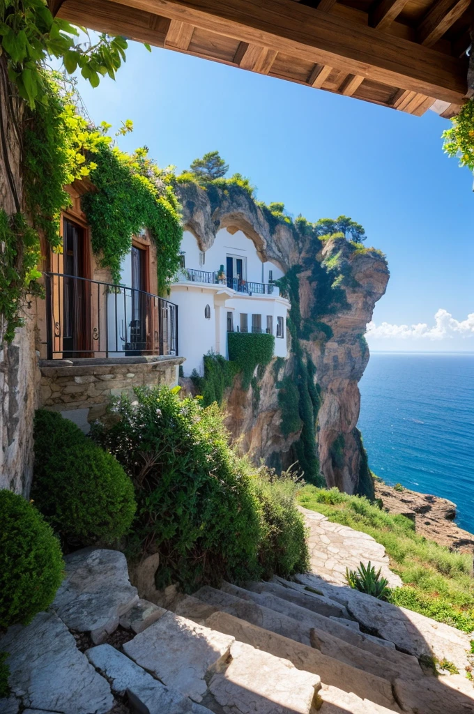 Please draw a beautiful picture of a stylish villa on a cliff.。