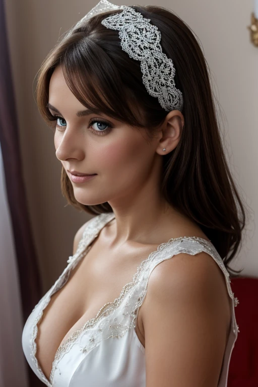 jeune femme de 25 ans, brune aux yeux bleus, mariage, robe de mariée blanche en dentelle, seins apparents