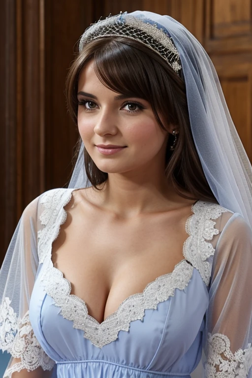 jeune femme de 25 ans, brune aux yeux bleus, mariage, robe de mariée blanche en dentelle, seins apparents
