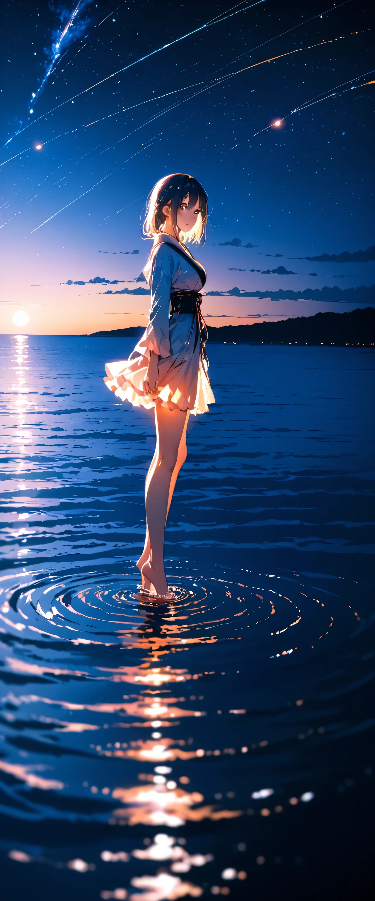 (Close-up:1.4)、(RAW photo:1.2)、(photorealistic:1.4)、(masterpiece:1.3)、(highest quality:1.4)、japanese girl、(night scenery:1.2)、thin clothes、pretty girl、Put one foot in the sea、standing on tiptoe、Landscape、Between the horizon and the sea、view from the side、Ripples spreading from the toes、Standing about 20 meters away、on the sea、The whole scene shineeteors、illumination、