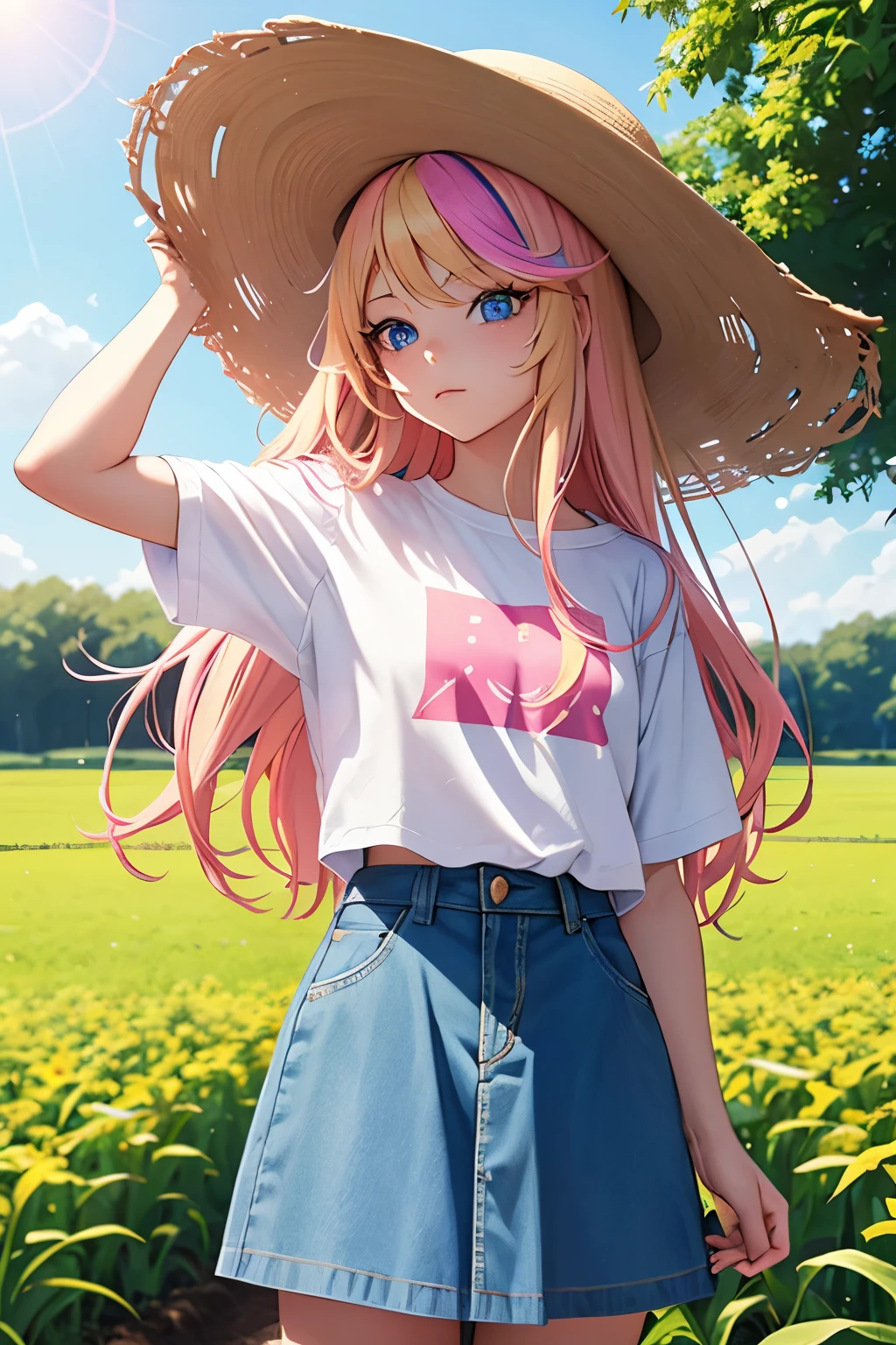 1girl, multicolored hair, pink hair, blonde hair, blonde and pink hair, blue eyes, mature, cute, 17 years old, long hair, super long hair, sun hat, farm girl, white shirt, denim skirt, in field, in cornfield, on farm, farm