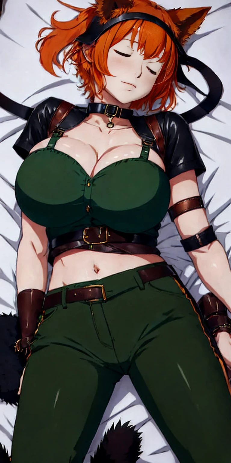 1girl, solo, breasts, large breasts, navel, animal ears, cleavage, tail, hairband, pants, orange hair, collar, dog ears, dog tail, dog girl, black collar, green pants, floppy ears, eyes closed, sleeping, lying on bed, waist up, leather slave collar choker, bracers