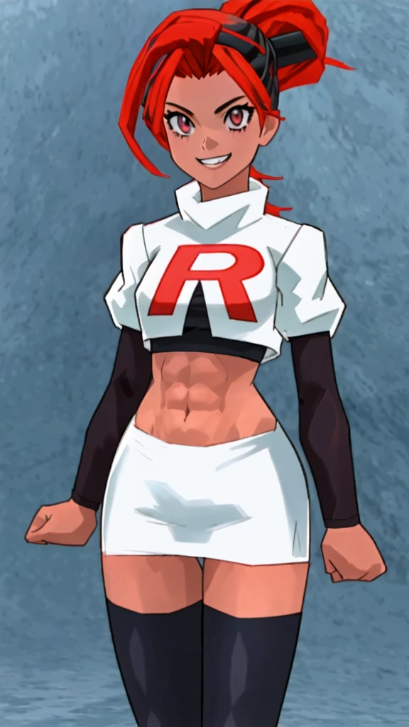 wintail, red haired, 1girl, grey eyes, well toned, well built, muscled, toned muscles, looking at pov, stands, bends over, pokemon,  grin, BREAK, team rocket uniform, (logo on shirt:1.25), white jacket, white skirt, thighhigh boots, midriff, (glowing eyes:1.25), masterpiece, best quality, extremely detailed, highly quality, 4k, sharp focus, professional, sharp focus, award winning, cinematic lighting, octane render, unreal engine, volumetrics dtx, Wallpaper