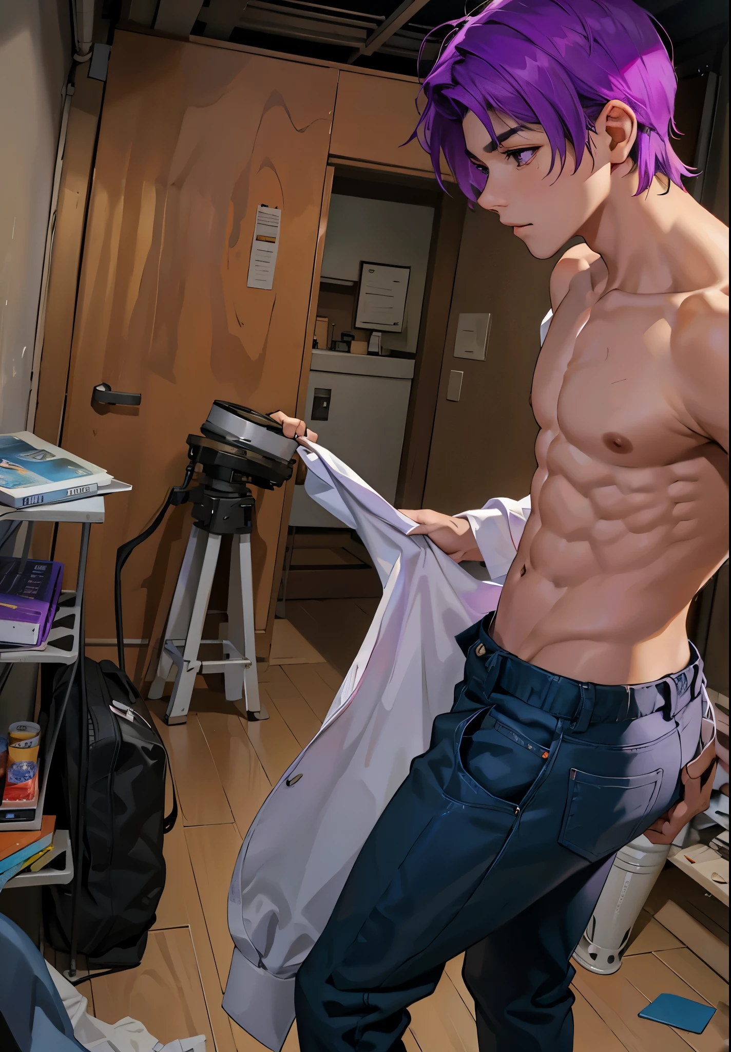 There are n Latino boy, skin, purple hair, good body, standing, they are .