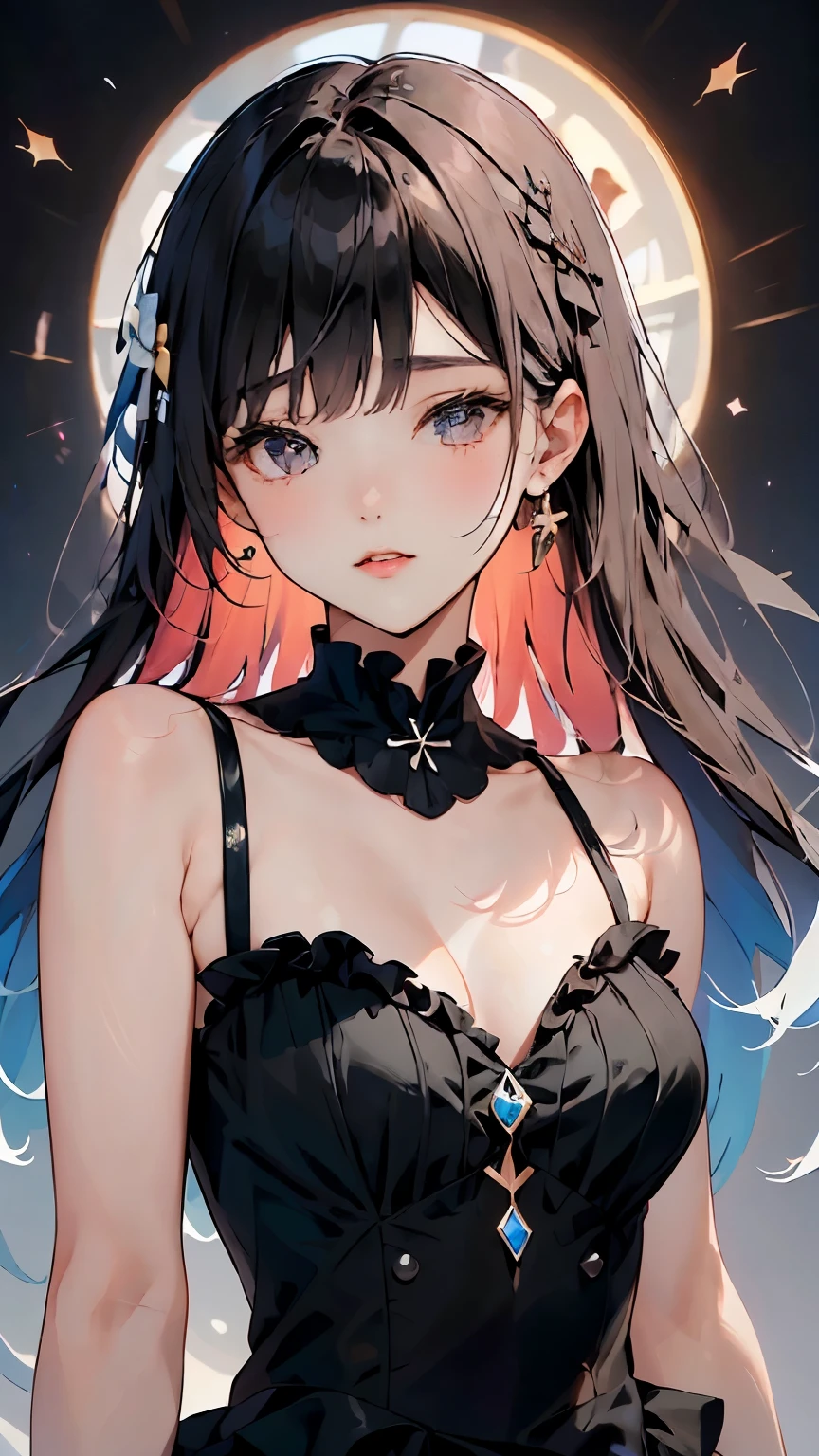 (((Masterpiece))),((top quality)),one beautiful girl,bangs、(long hair:1.5)、(((big breasts)))、23 years old、(Gorgeous white, grey and black ruffled dress:1.5)、race、 beautiful digital art work, beautiful fantasy art,(The background is plain:1.5)、