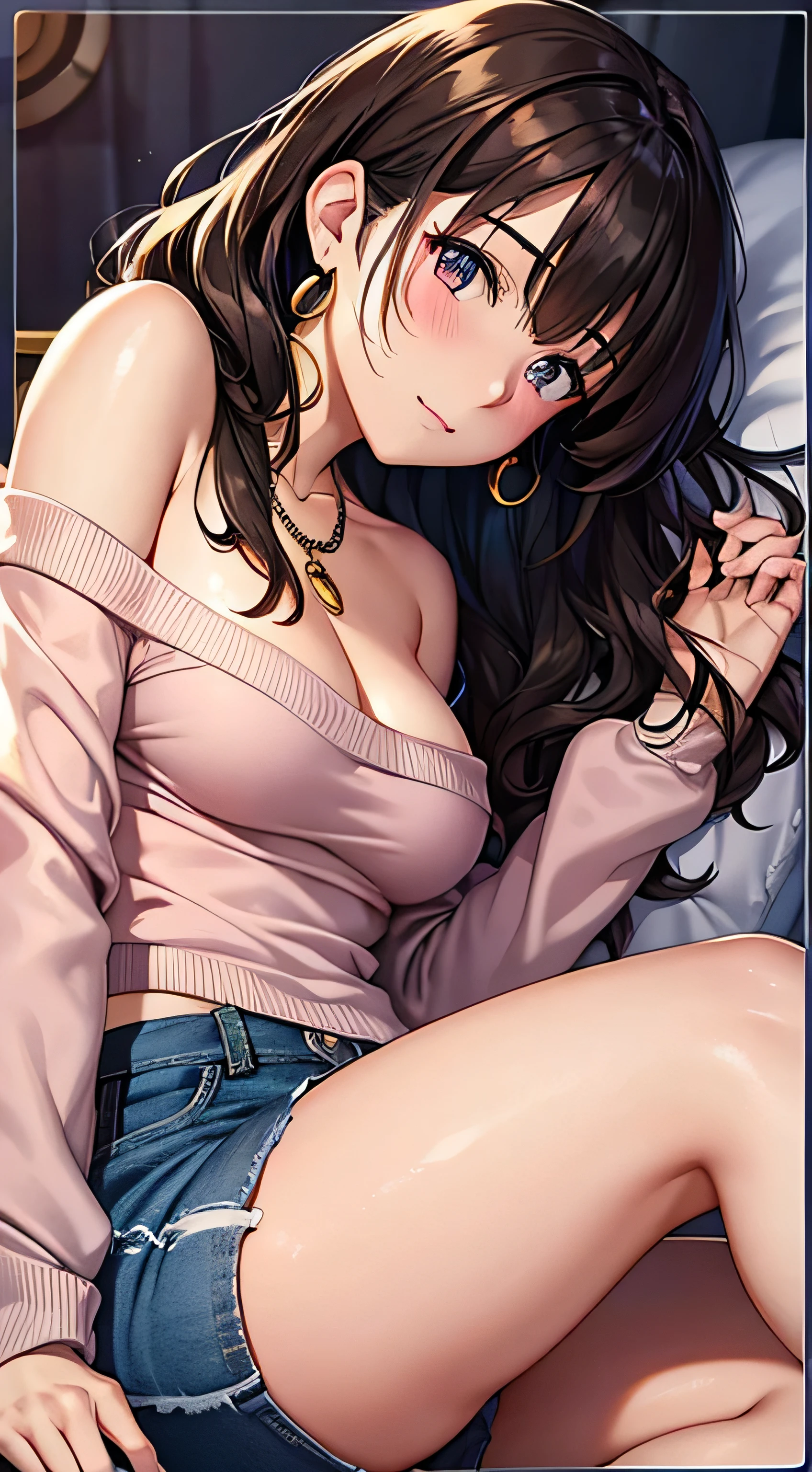 (table top, highest quality, High resolution, , perfect pixel, 4k,), 1 girl, single, alone, Beautiful woman、I could see the whole body、 ((wavy middle hair, bangs, brown hair)), ((brown eyes, beautiful eyelashes, realistic eyes)), ((detailed face, blush:1.2)), ((smooth texture:0.75, realistic texture:0.65, realistic:1.1, Anime CG style)), medium breasts, dynamic angle, perfect body, ((, beige off shoulder sweater、Tight denim skirt、black stockings、cute necklace、earrings、)), upper grade、shy smile、Luxury hotel room、sleep on your back in bed、((open legs))、angle from below、Put your arms together to accentuate your cleavage、、((Pink lace panties are visible))、