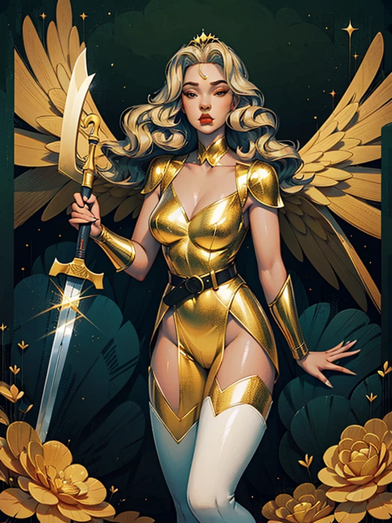 Best quality, 8K,woman vintage super hero, beautiful and detailed face, blonde curly long hair,golden tiara, big eyelashes,holding a gold sword,big angel wings,LOOKING TO observer,silver metalic armour over bodystocking, SHINY GLOSSY PANTYHOSE,black belt,over the knee boots,white neutral scenario