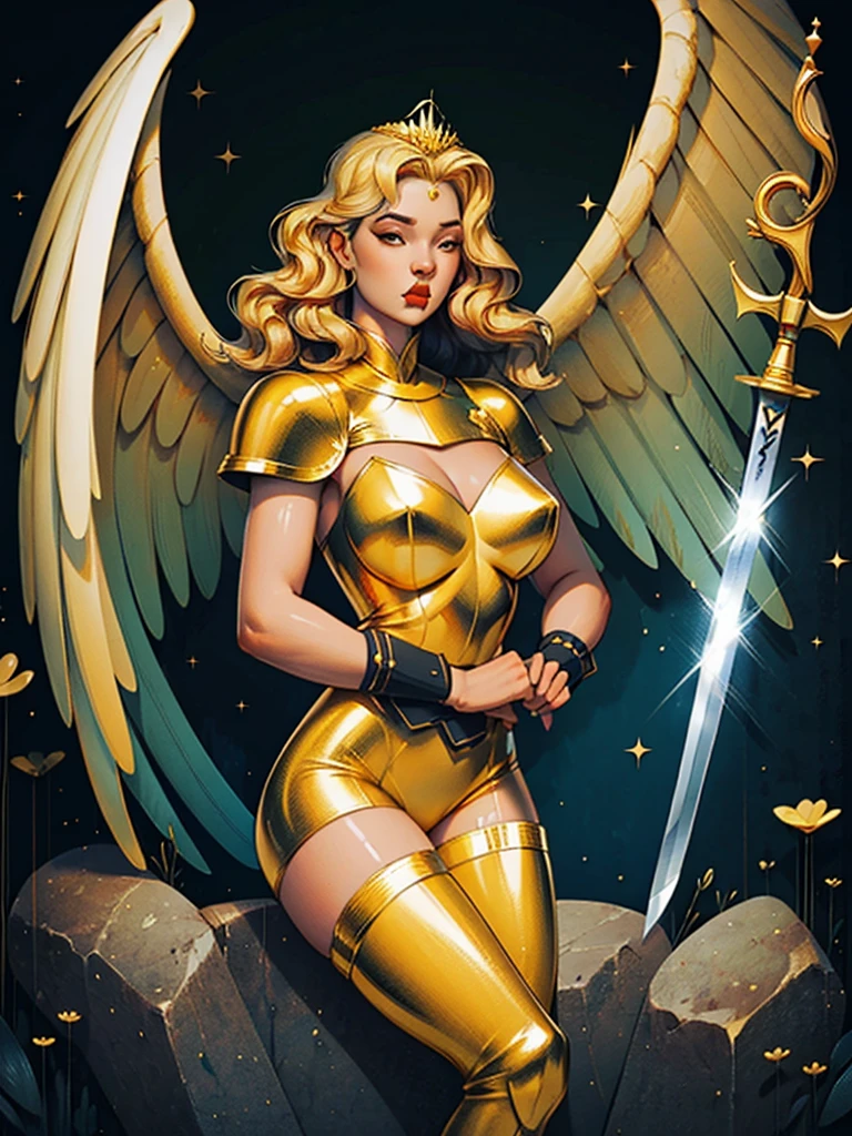 Best quality, 8K,woman vintage super hero, beautiful and detailed face, blonde curly long hair,golden tiara, big eyelashes,holding a gold sword,big angel wings,LOOKING TO observer,silver metalic armour over bodystocking, SHINY GLOSSY PANTYHOSE,black belt,over the knee boots,white neutral scenario
