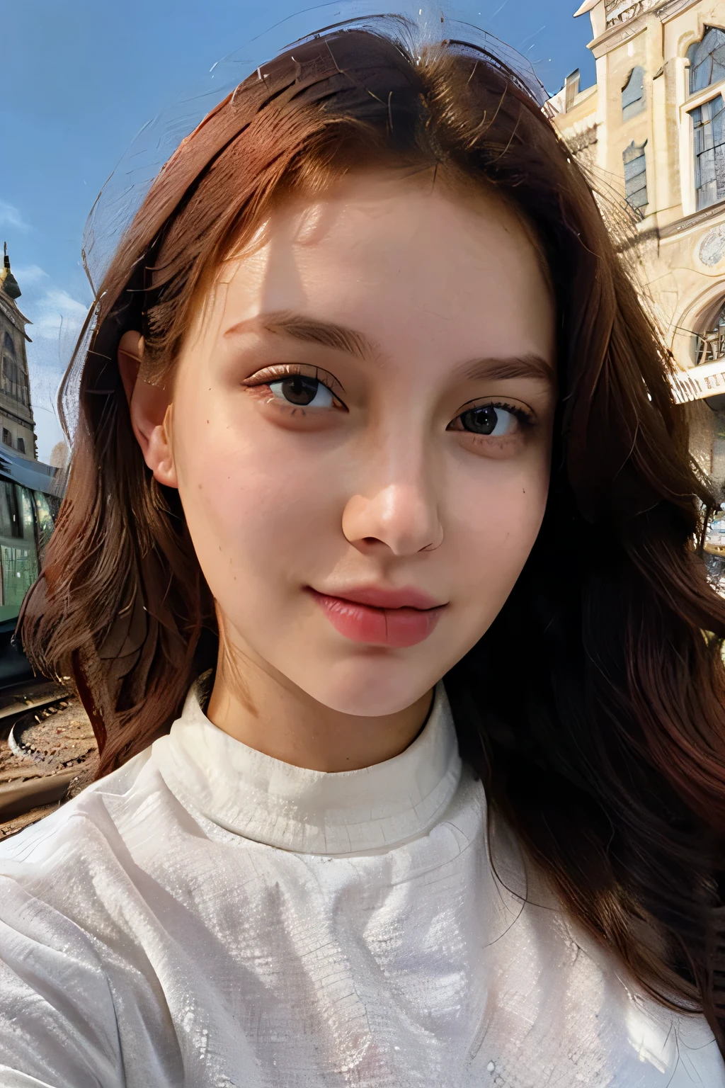 ((best quality)), ((masterpiece)), (detailed), perfect face woman with a shirt and a train station background, red hair Curly Crop , blue symmetric eyes 24yo, without makeup, looking directly at the camera, looking straight to camera, front portrait, 24 year-old tunisian woman, frontal picture, selfie of a young woman, full face portrait
