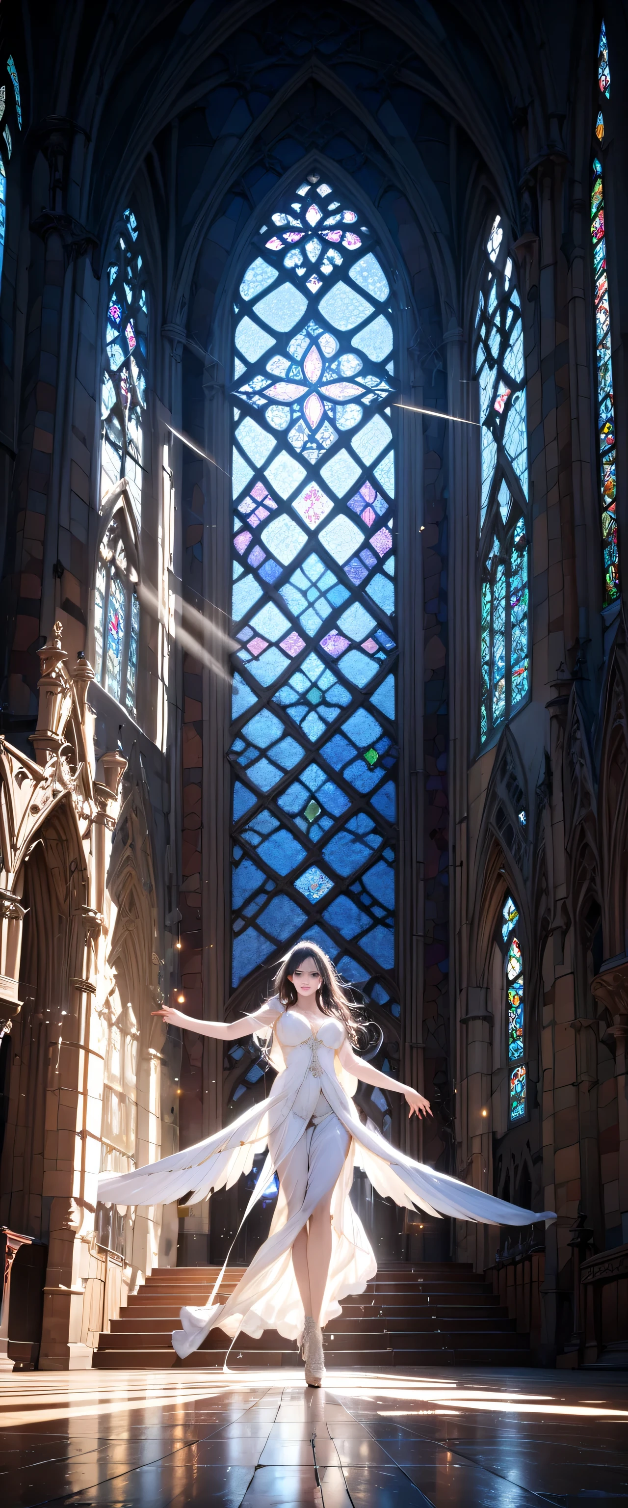 (Close-up:1.4)、(RAW photo:1.2)、(photorealistic:1.4)、(masterpiece:1.3)、(highest quality:1.4)、Huge stained glass、Huge Gothic church、(A beautiful angel dances like a god:1.3)、Very shining、illumination、light shines、