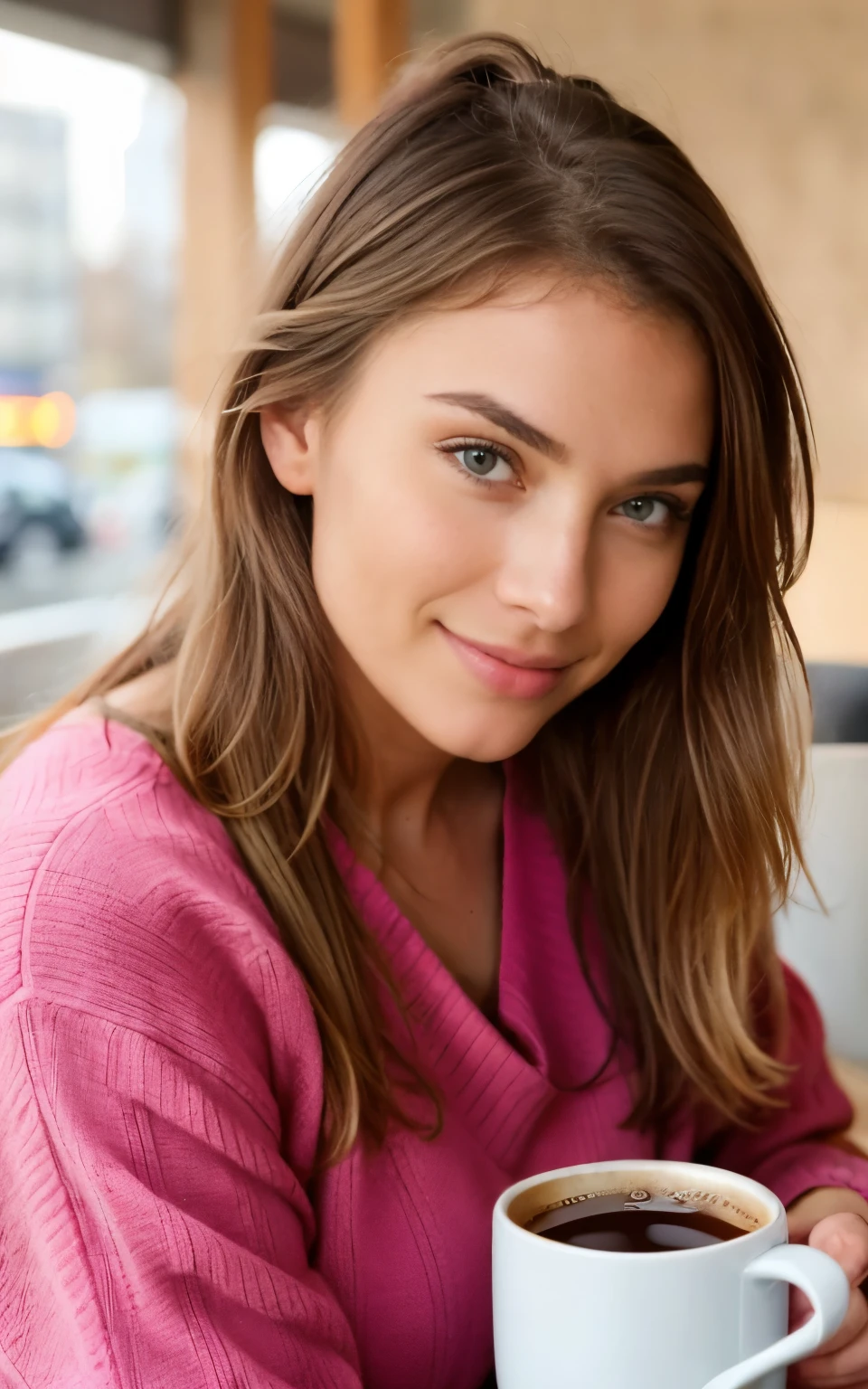 beautiful blonde girl, wearing a pink sweater (Enjoy a coffee in a trendy café, while the sun goes down.), sehr detailiert, 24 Jahre alt, unschuldiges Gesicht, naturally wavy hair, blaue Augen, high resolution, Meisterwerk, Best quality, Komplizierte Details, sehr detailliert, Scharfer Fokus, feine Haut, realistisch skin Textur, Textur, detaillierte Augen, Fachmann, 4k, charming smile, mit Canon gedreht, 85mm, shallow depth of field, Kodak Vision-Farben, trained body, มีvery detailed, Foto_\(Ultra\), photorealistisch, realistisch, Nach der Bearbeitung, Maximale Details, Rauheit, wahres Leben, Ultra realistisch, Optischer Realismus, Fotoy, 8k uh, Fotoy