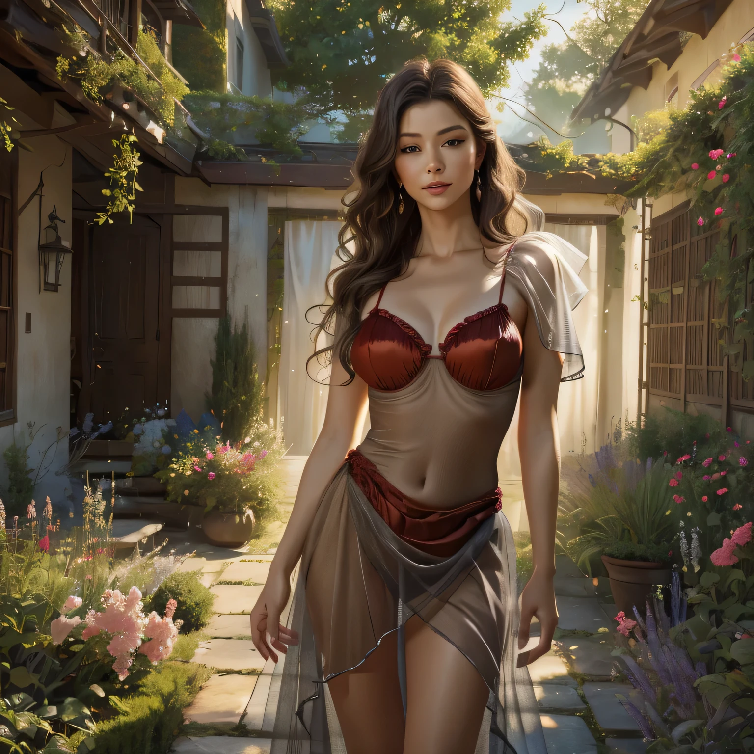 (best quality,4k,8k,highres,masterpiece:1.2),ultra-detailed,(realistic,photorealistic,photo-realistic:1.37),a woman in a long red sheer skirt, gray sheer fabric, sensually posing, vibrant colors, soft lighting, elegant and graceful, flowing movement, delicate hand gestures, captivating eyes, lustrous wavy hair, glowing skin, a serene garden as the background, dreamy atmosphere, fine art painting style