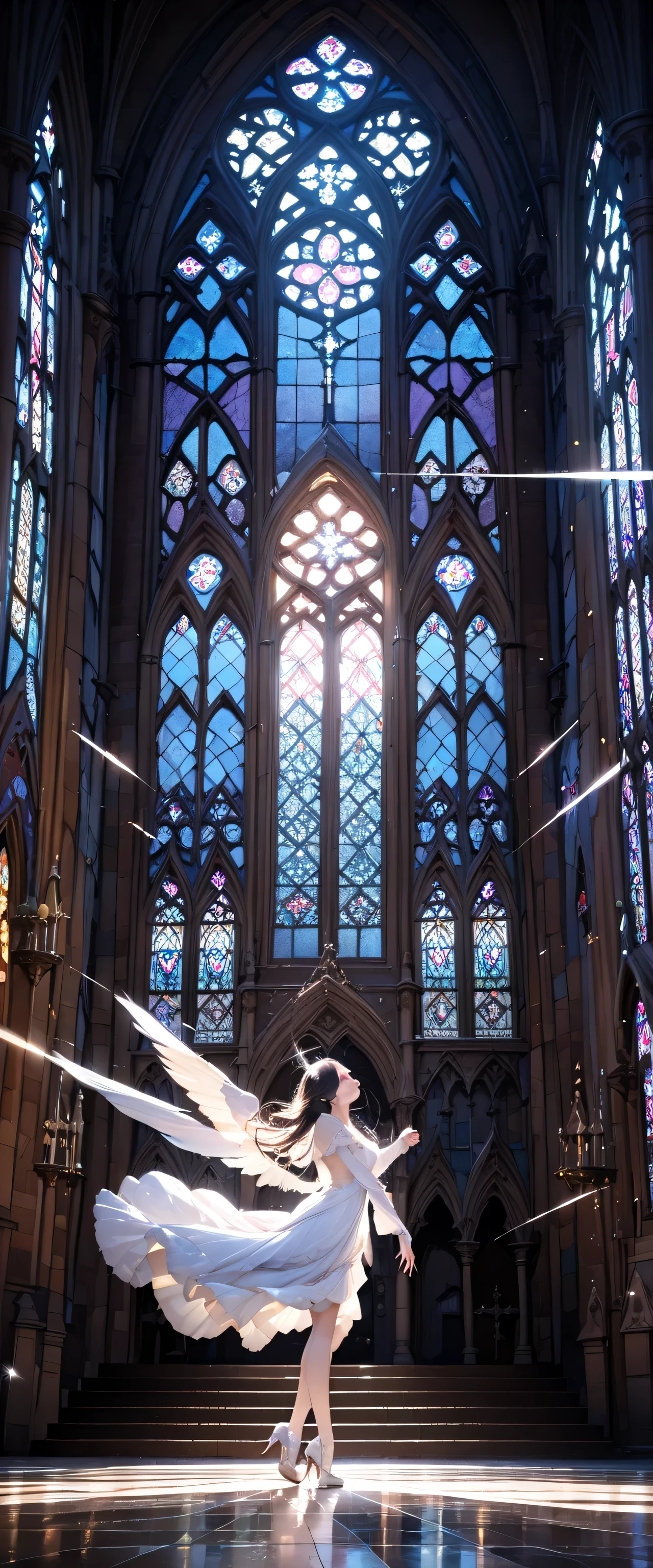 (Close-up:1.4)、(RAW photo:1.2)、(photorealistic:1.4)、(masterpiece:1.3)、(highest quality:1.4)、Huge stained glass、Huge Gothic church、(A beautiful angel dances like a god:1.3)、Very shining、illumination、light shines、