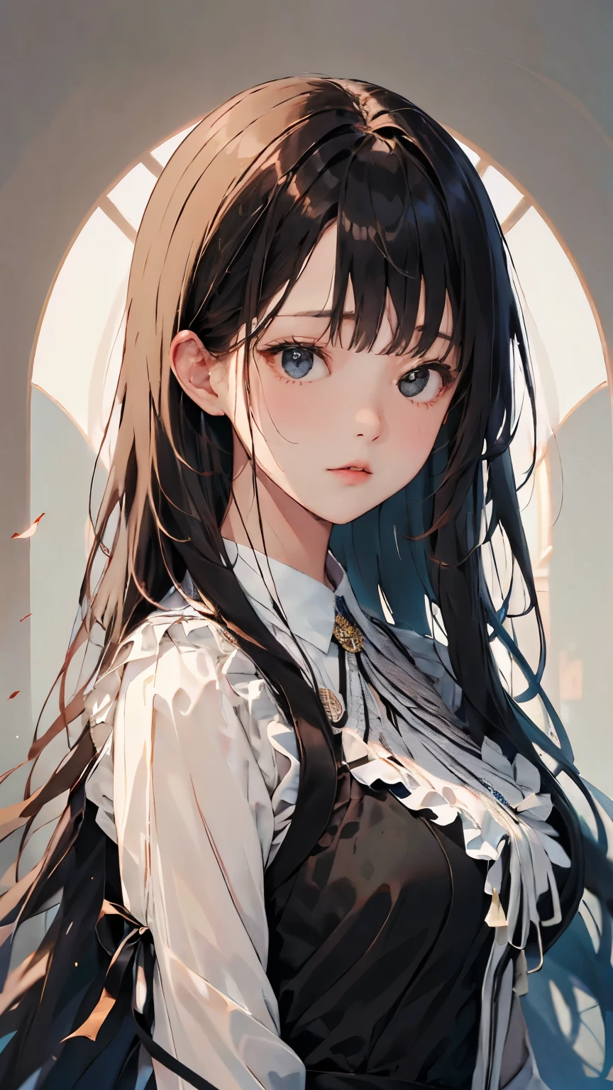 (((Masterpiece))),((top quality)),one beautiful girl,bangs、(long hair:1.5)、(((big breasts)))、23 years old、(Gorgeous white, grey and black ruffled dress:1.5)、race、 beautiful digital art work, beautiful fantasy art,(The background is plain:1.5)、