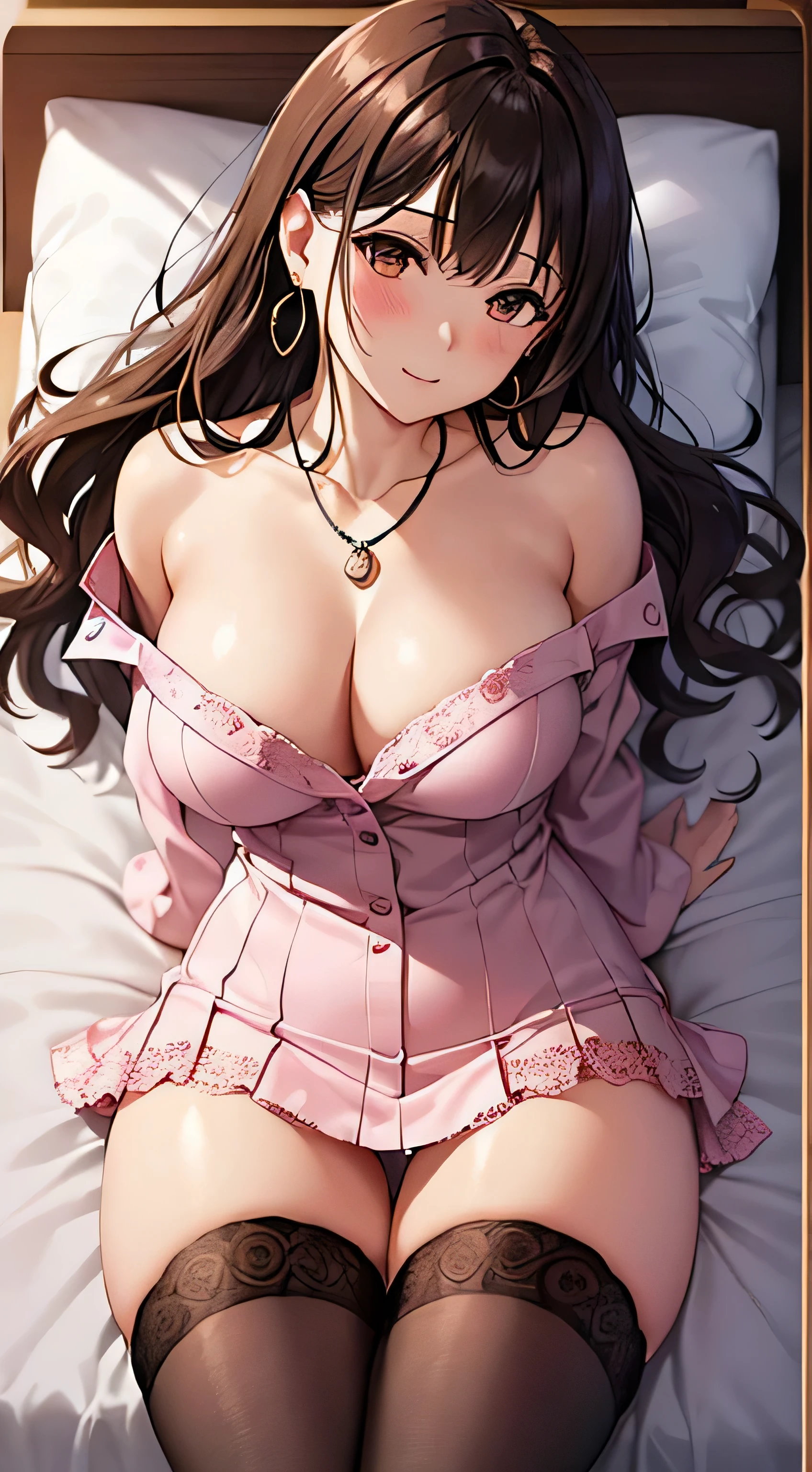 (table top, highest quality, High resolution, , perfect pixel, 4k,), 1 girl, single, alone, Beautiful woman、I could see the whole body、 ((wavy middle hair, bangs, brown hair)), ((brown eyes, beautiful eyelashes, realistic eyes)), ((detailed face, blush:1.2)), ((smooth texture:0.75, realistic texture:0.65, realistic:1.1, Anime CG style)), medium breasts, dynamic angle, perfect body, ((, beige off shoulder sweater、Tight denim skirt、black stockings、cute necklace、earrings、)), upper grade、shy smile、Luxury hotel room、sleep on your back in bed、((open legs))、angle from below、Put your arms together to accentuate your cleavage、、((Pink lace panties are visible))、