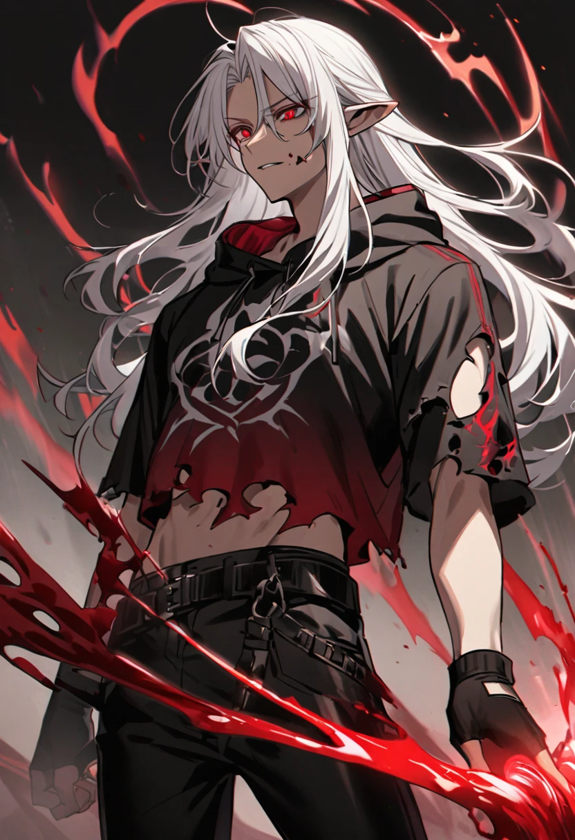 Male,5'4,pierced pointy ears,light skin,red eyes,black to white ombre long hair half up half down,black albow length fingerless gloves,ripped red short sleeve cropped hoodie,black tight shirt,ripped black jeans,using blood magic,with a dark look on his face