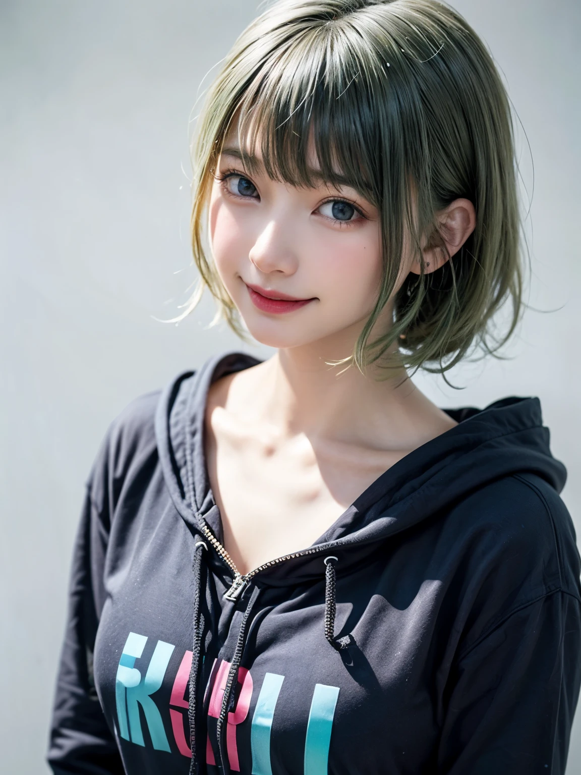 1 girl, alone, alone focus, cowboy shot, portrait, oversized hoodie, aqua green and white hoodie, half aqua, half green, ((black hair)), (yellow hair), (gradient hair :1.5), curly hair, ((pink eyes)), highly detailed eyes, tan, (dark caramel skin:1.1), highest quality, Super detailed, white background, simple background、happy smile、beautiful decollete、long neck、stick out ears