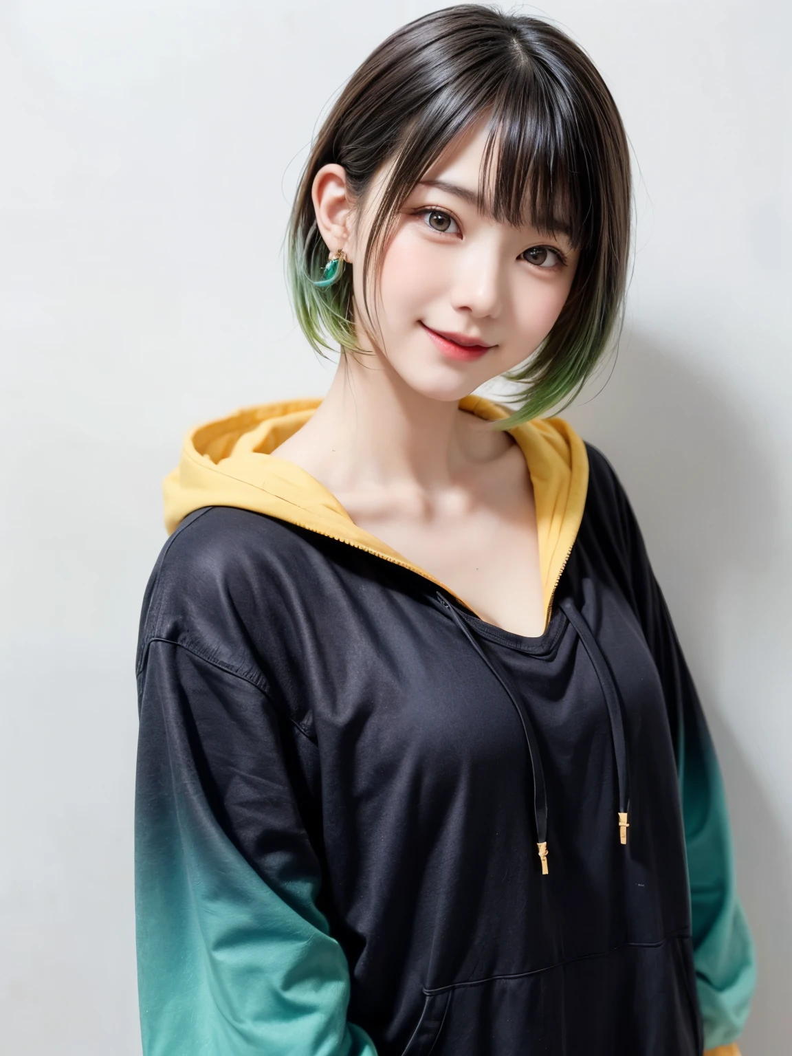 1 girl, alone, alone focus, cowboy shot, portrait, oversized hoodie, aqua green and white hoodie, half aqua, half green, ((black hair)), (yellow hair), (gradient hair :1.5), curly hair, ((pink eyes)), highly detailed eyes, tan, (dark caramel skin:1.1), highest quality, Super detailed, white background, simple background、happy smile、beautiful decollete、long neck、stick out ears