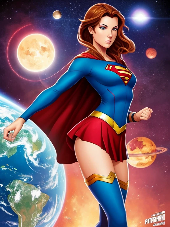 Digital painting, 4k, comic Babes, a woman dressed as a superman in front of a planet, artegerm jsc, artegerm julie bell beeple, extremely detailed artegerm, Supergirl, artegerm Greg rutkowski _ Greg, by stanley artegerm, Chris Moore. artegerm, graphic artist artegerm, artegerm and lois van baarle