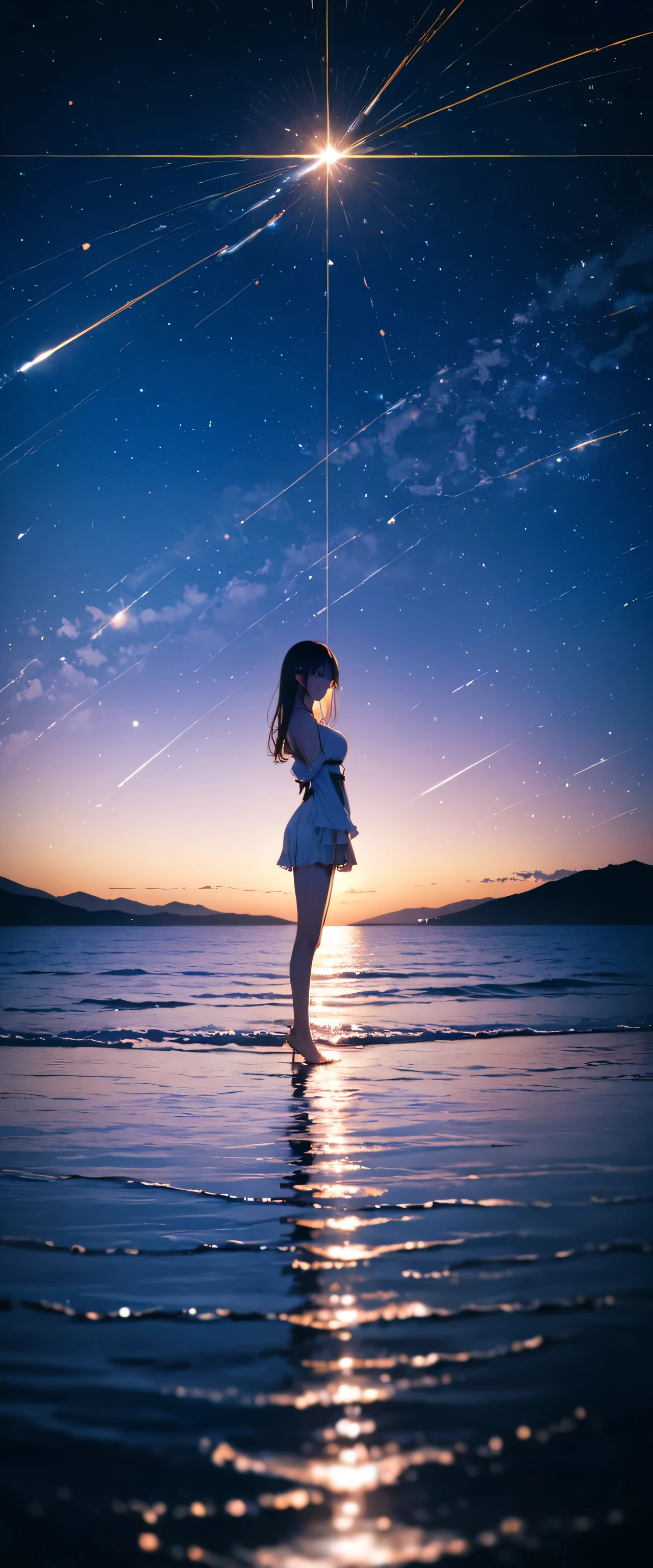 (Close-up:1.4)、(RAW photo:1.2)、(photorealistic:1.4)、(masterpiece:1.3)、(highest quality:1.4)、japanese girl、(night scenery:1.2)、thin clothes、pretty girl、Put one foot in the sea、standing on tiptoe、Landscape、Between the horizon and the sea、view from the side、Ripples spreading from the toes、Standing about 20 meters away、on the sea、The whole scene shineeteors、illumination、