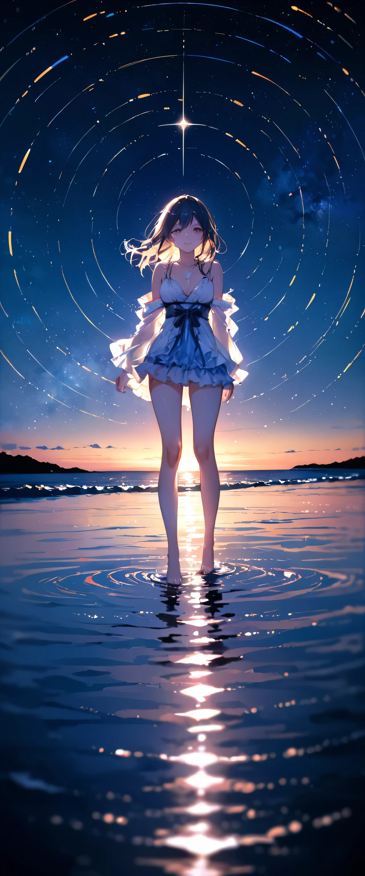 (Close-up:1.4)、(RAW photo:1.2)、(photorealistic:1.4)、(masterpiece:1.3)、(highest quality:1.4)、japanese girl、(night scenery:1.2)、thin clothes、pretty girl、Put one foot in the sea、standing on tiptoe、Landscape、Between the horizon and the sea、view from the side、Ripples spreading from the toes、Standing about 20 meters away、on the sea、The whole scene shineeteors、illumination、