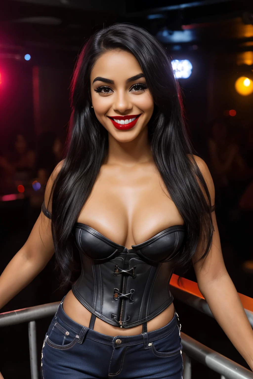 21 year old latina, dark makeup, red lips, dark skin, leather corset, skinnyjeans, big smile, columbian, slim, thin, short, fit, in a night club, melanin, small hips, nose piercing 