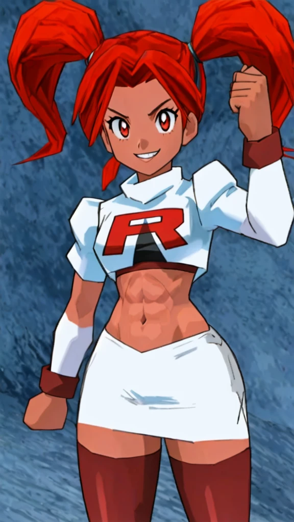 Twintail, red haired, 1girl, grey eyes, well toned, well built, muscled, toned muscles, looking at pov, stands, bends over, pokemon, grin, BREAK, team rocket uniform, (logo on shirt:1.25), white jacket, white skirt, thighhigh boots, midriff, (glowing eyes:1.25), masterpiece, best quality, extremely detailed, highly quality, 4k, sharp focus, professional, sharp focus