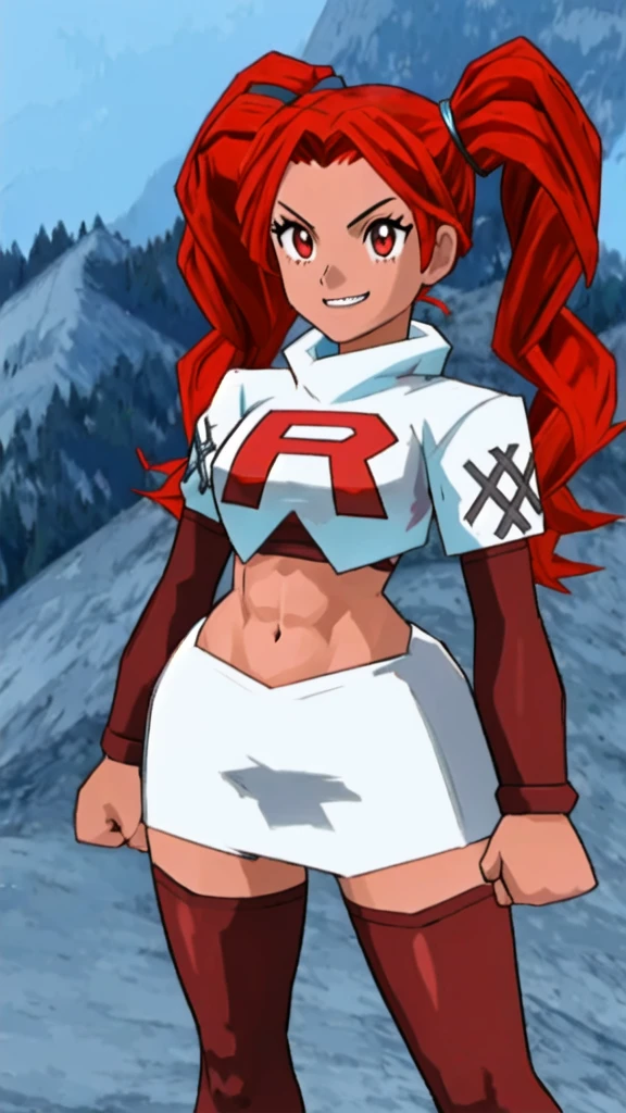 Twintail, red haired, 1girl, grey eyes, well toned, well built, muscled, toned muscles, looking at pov, stands, bends over, pokemon, grin, BREAK, team rocket uniform, (logo on shirt:1.25), white jacket, white skirt, thighhigh boots, midriff, (glowing eyes:1.25), masterpiece, best quality, extremely detailed, highly quality, 4k, sharp focus, professional, sharp focus