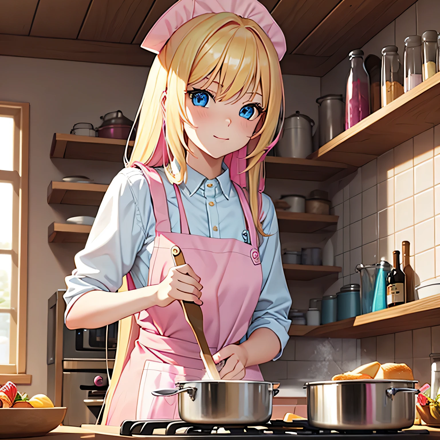 (masterpiece, best quality:1.2), ((perfect anatomy)), highres, (high-definition quality), perfect skin, 1girl, hair down, (detailed eyes), detailed background, Monika in an apron cooking and looking at you, smiling softly, green eyes, cute outfit