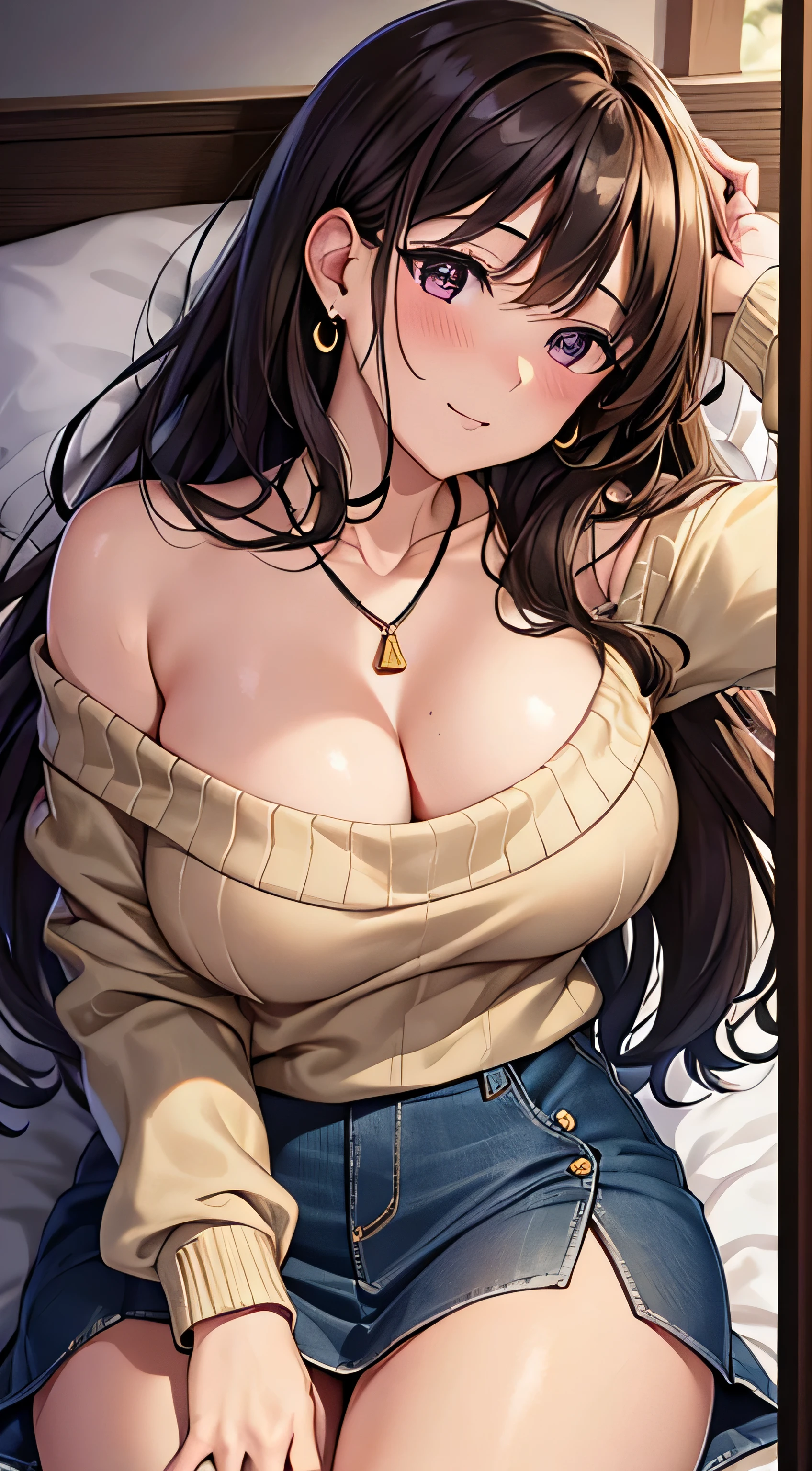 (table top, highest quality, High resolution, , perfect pixel, 4k,), 1 girl, single, alone, Beautiful woman、I could see the whole body、 ((wavy middle hair, bangs, brown hair)), ((brown eyes, beautiful eyelashes, realistic eyes)), ((detailed face, blush:1.2)), ((smooth texture:0.75, realistic texture:0.65, realistic:1.1, Anime CG style)), medium breasts, dynamic angle, perfect body, ((, beige off shoulder sweater、Tight denim skirt、black stockings、cute necklace、earrings、)), upper grade、shy smile、Luxury hotel room、sleep on your back in bed、((open legs))、angle from below、Put your arms together to accentuate your cleavage、、((Pink lace panties are visible))、
