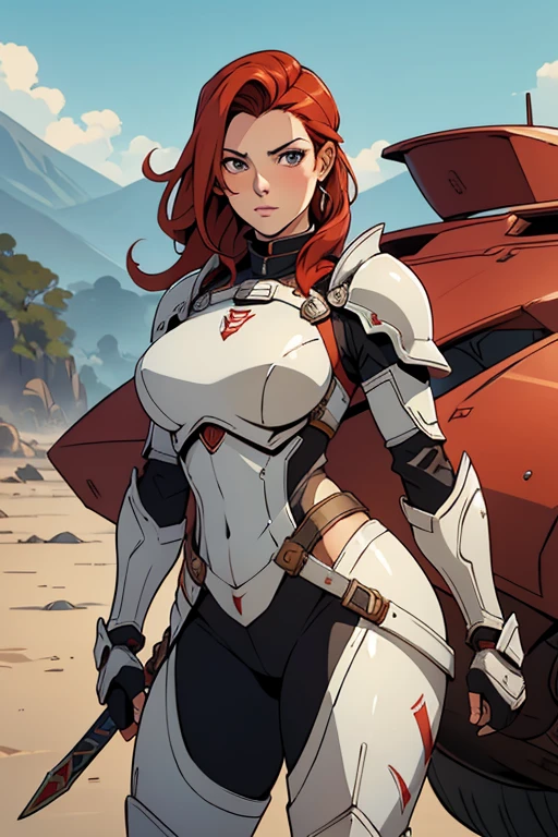 1woman 20 years old, military, beautiful, perfect body, realistic, red hair, perfect body, thin waist, , large breasts, slim thighs, desert background, armored vehicle, flying fighters, military robot dog, camouflaged uniform, wealth of details, tight panties, marking on the front, slender knees, highly detailed, high resolution, prefect hands, slender thighs, show knees, thigh gap, alert eyes