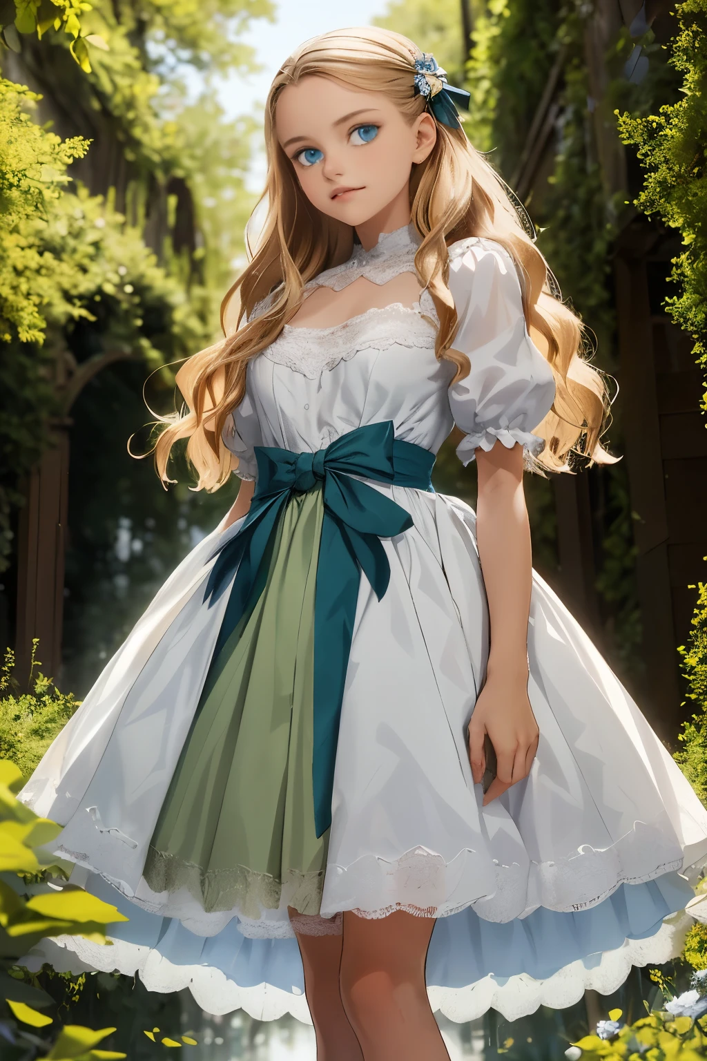 Lily girl beautiful girl beautiful daughter and beautiful granddaughter，Volumetriclighting，cinematric light，Double up braid，dynamic angle，globalillumination，Third Person View，Mood lighting，High-quality frontal lighting, edge lighting, high resolution, delicate eyes, high quality masterpiece，fully body photo，Gold and white gauze princess outfit，Short skirt，Little crown。，on a white horse，。Background waterfall，Flowers and meadows