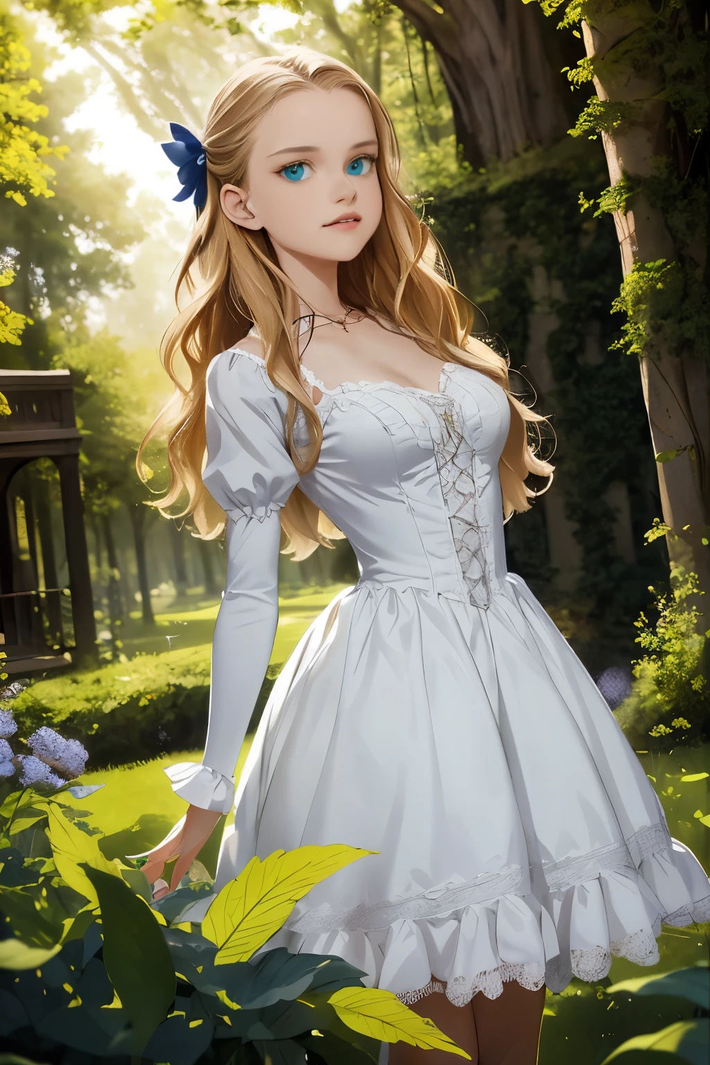 wide angle, detailed reproduction of a forest surrounded by fog up to a height of one meter. clear starry sky with a big full moon, bare trees, winter, two girls, (Virginia Otis, 15 years old (blond hair, blue eyes)) pose with (16 years old Georgie Gerald (blond hair, green eyes)). Victorian style. thin, cute face, walks at night in Canterville Castle (inspired by the novel The Canterville Ghost). aged 1887, Victorian fantasy