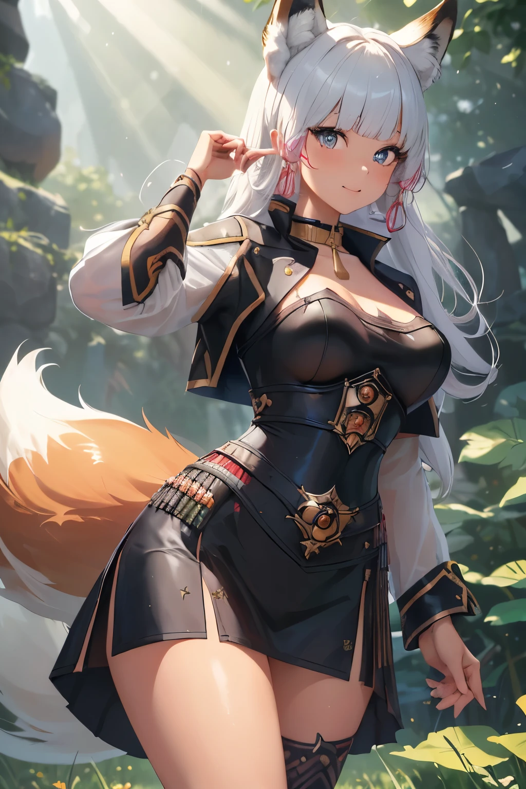 Ahri da league of legends,(best qualityer,4K,8k,high resolution, work of art:1.2)(weather: moonlight), Japanese female, spirit forest pond background, red and white long sleeve korean kimono dress, cleavage, spirit sphere, cute makeup, thigh high boots, belt, long multicolored white hair, braided hair, fox ears, numerous fox tails, ultra detailed, realistic, portrait, beautiful detailed green eyes, freckles, beautiful detailed lips, extremely detailed eye and face, beautiful girl, long eyelashes, sexly, average, large breasts, beaming smile, playing, stunning curves, bright coloured, dramatic lighting, wet body,