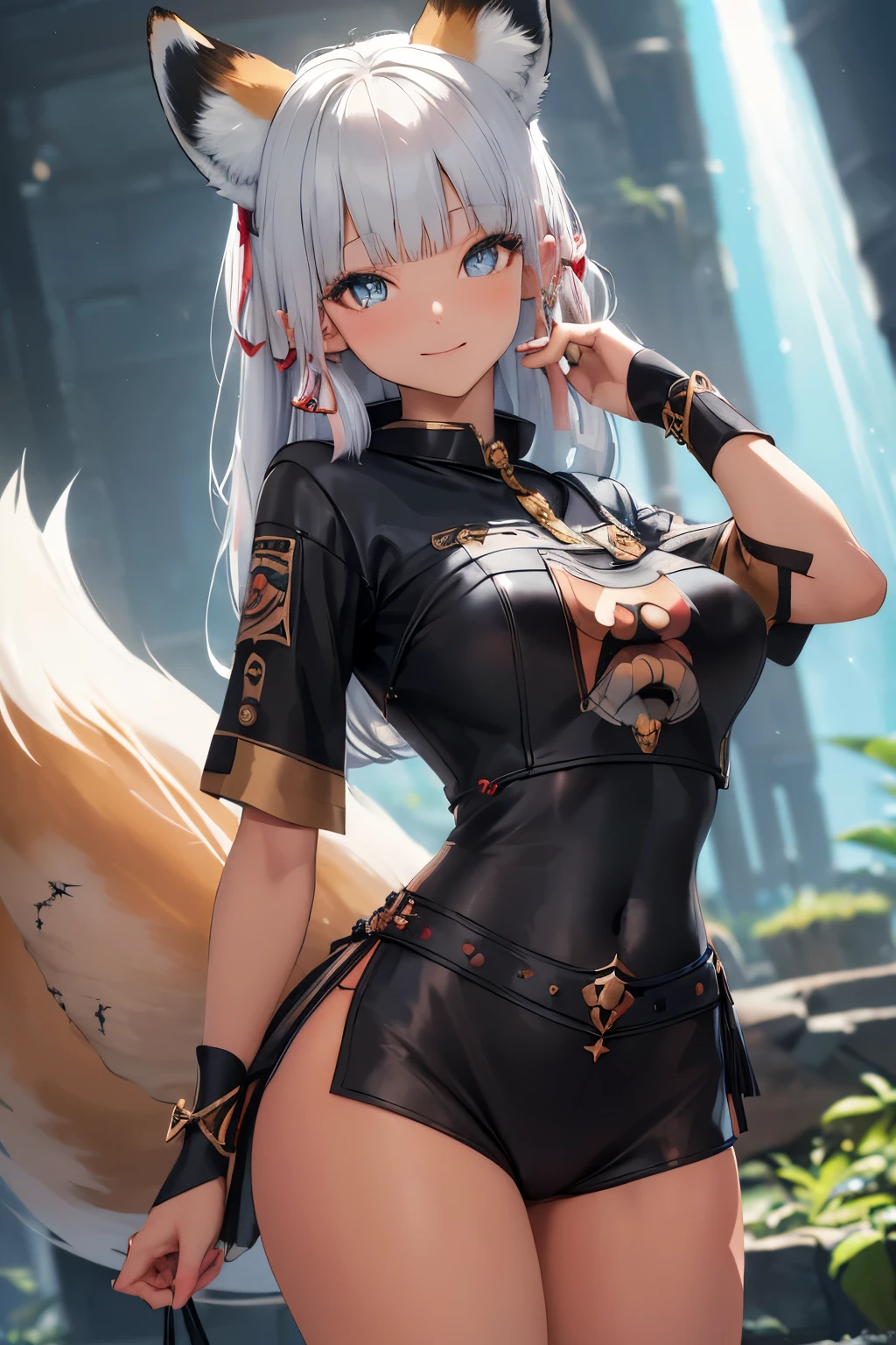 (master piece, best quality:1.2),
absurdres,
realistic,
vibrant colors,
(front light:1.4),
1 (attractive woman, jet black long hair:1.2),
Ketto beautiful caucasian woman with black hair,
(orage eyes:1.4),
fair skin,
expressive face,
attractive appearance,
animal ear fluff,
animal ears,
extra ears,
(fox ears,
fox girl,
fox tail:1.5),
long hair,
long sidelocks,
crossed bangs,
hair between eyes,
perky breasts,
black fox ears,
wide hips,
thin thighs,
(beautiful eyes:1.3),
(age 22 years:1.3),
(height 168 cm:1.3),
attractive face,
cowboy shot,
perfect body,
dynamic angle,
(gyaru:1.3),
(tan:1.2), kamisato ayaka, smile, blush, dynamic angle, dynamic pose, fantasy background