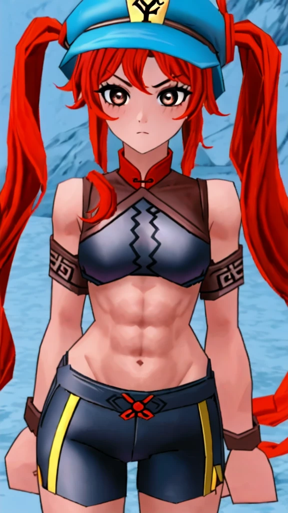 Twintail, red haired, 1girl, grey eyes, well toned, well built, muscled, toned muscles, highest quality、masterpiece、Live shooting, sharp focus、very delicate and beautiful、small details、(showing panties:1.3)、(white panties:1.1)、(super beautiful)、(plate armor)、(detailed lips)、Lipstick、(knight armor)、(skirt: 1.3)、(steel breastplate 、steel gauntlet: 1.2), medieval fantasy, Dungeons and dragons, RPG character,